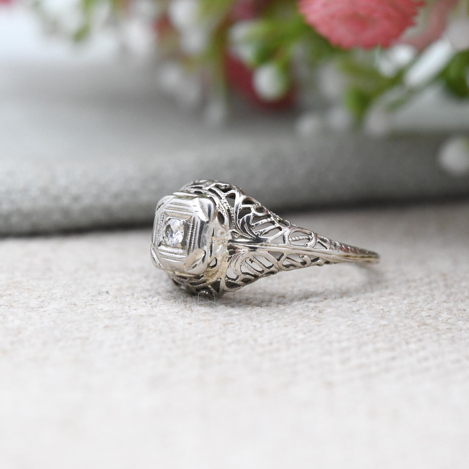 Antique 14ct White Gold Diamond Solitaire Ring - True Vintage Art Deco Engagement Ring | UK Size - J | US Size - 5