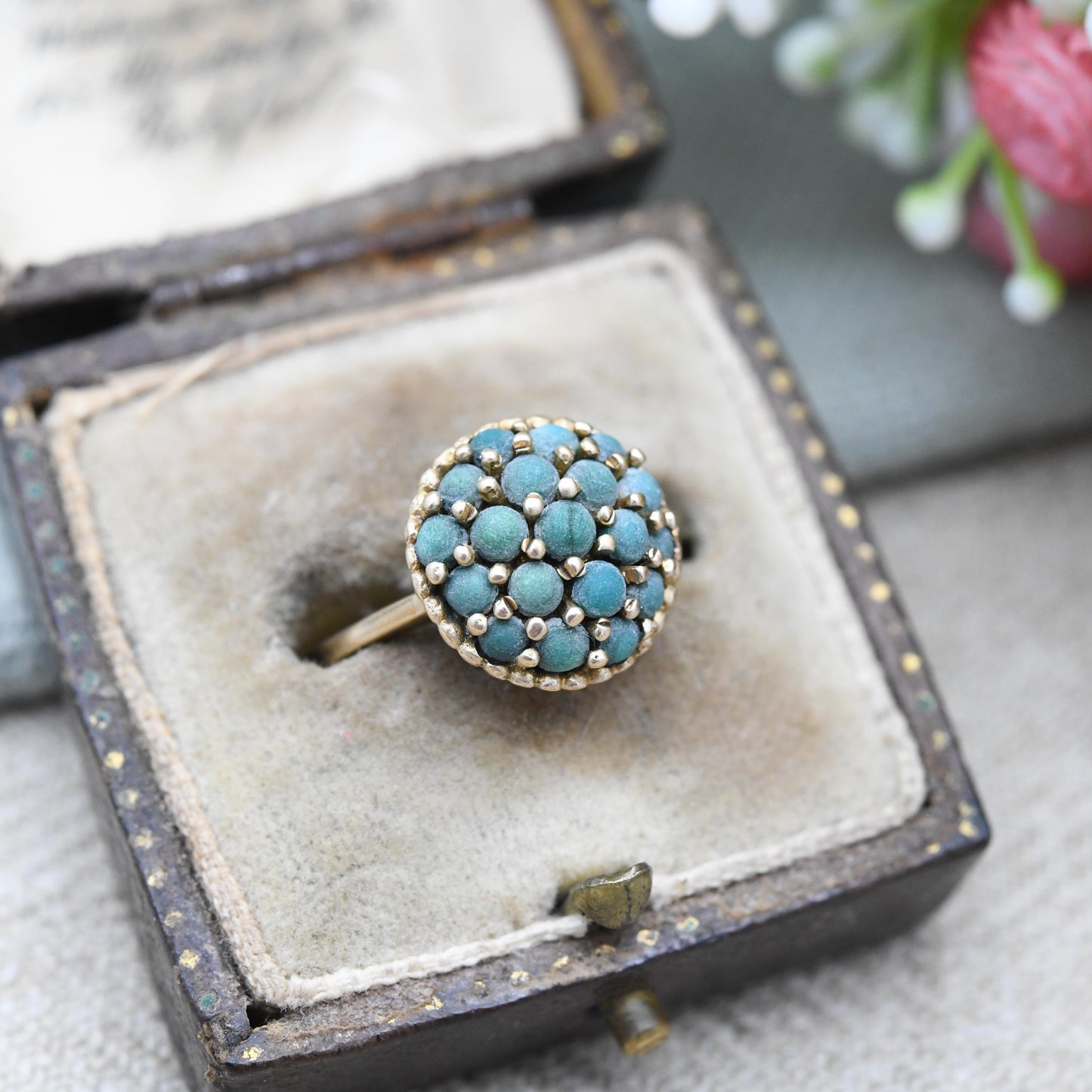 Vintage 9ct Gold Turquoise Cluster Ring 1968 - 1960s Jewellery Bombe Boule Cluster Statement Ring Gift | UK Size - L | US Size - 6