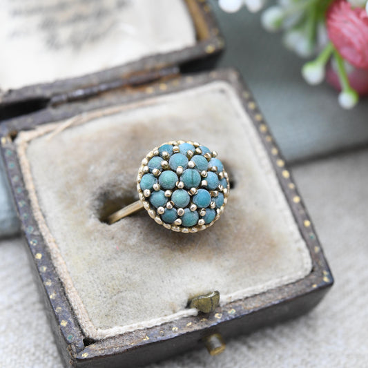Vintage 9ct Gold Turquoise Cluster Ring 1968 - 1960s Jewellery Bombe Boule Cluster Statement Ring Gift | UK Size - L | US Size - 6