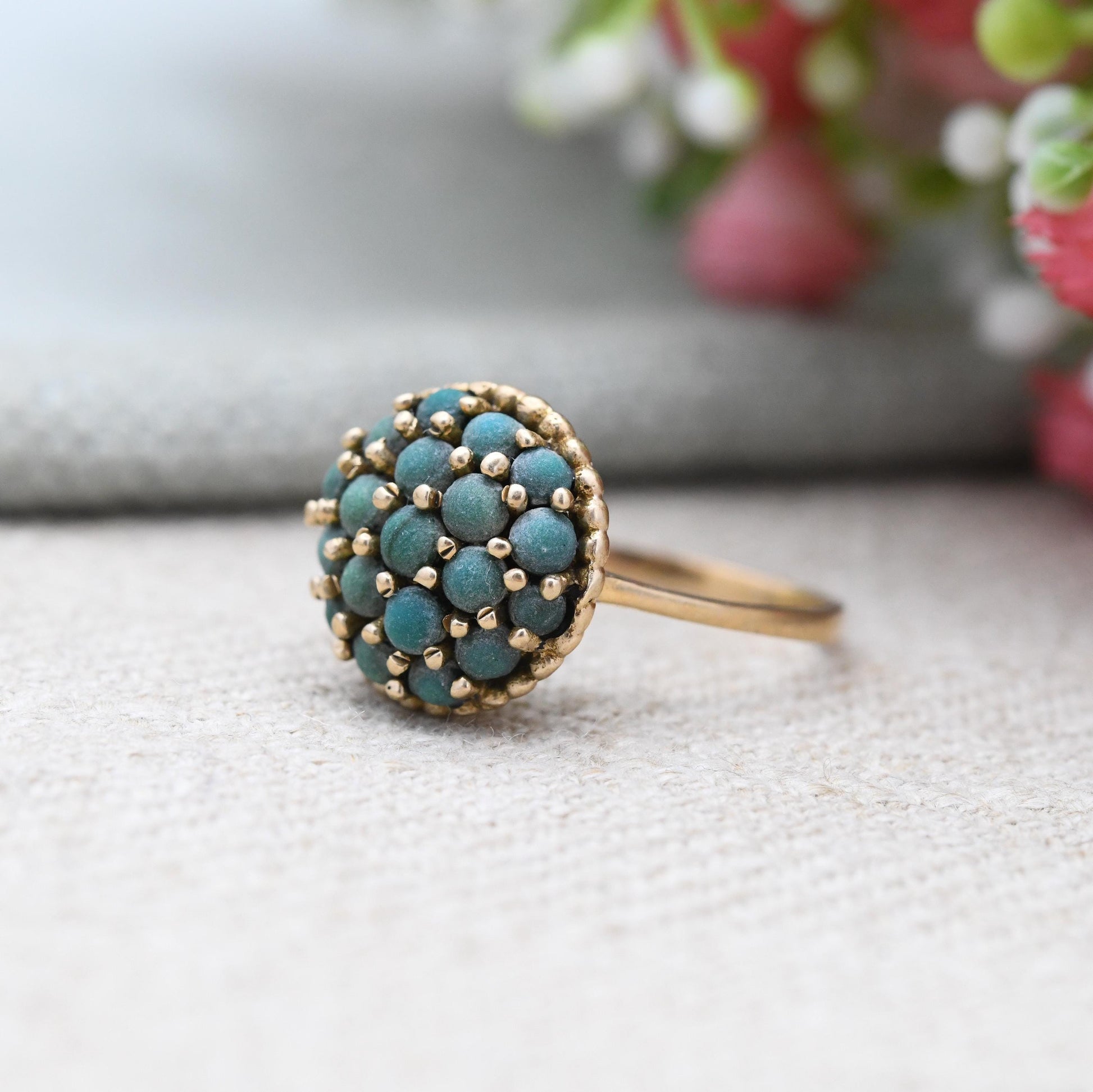 Vintage 9ct Gold Turquoise Cluster Ring 1968 - 1960s Jewellery Bombe Boule Cluster Statement Ring Gift | UK Size - L | US Size - 6