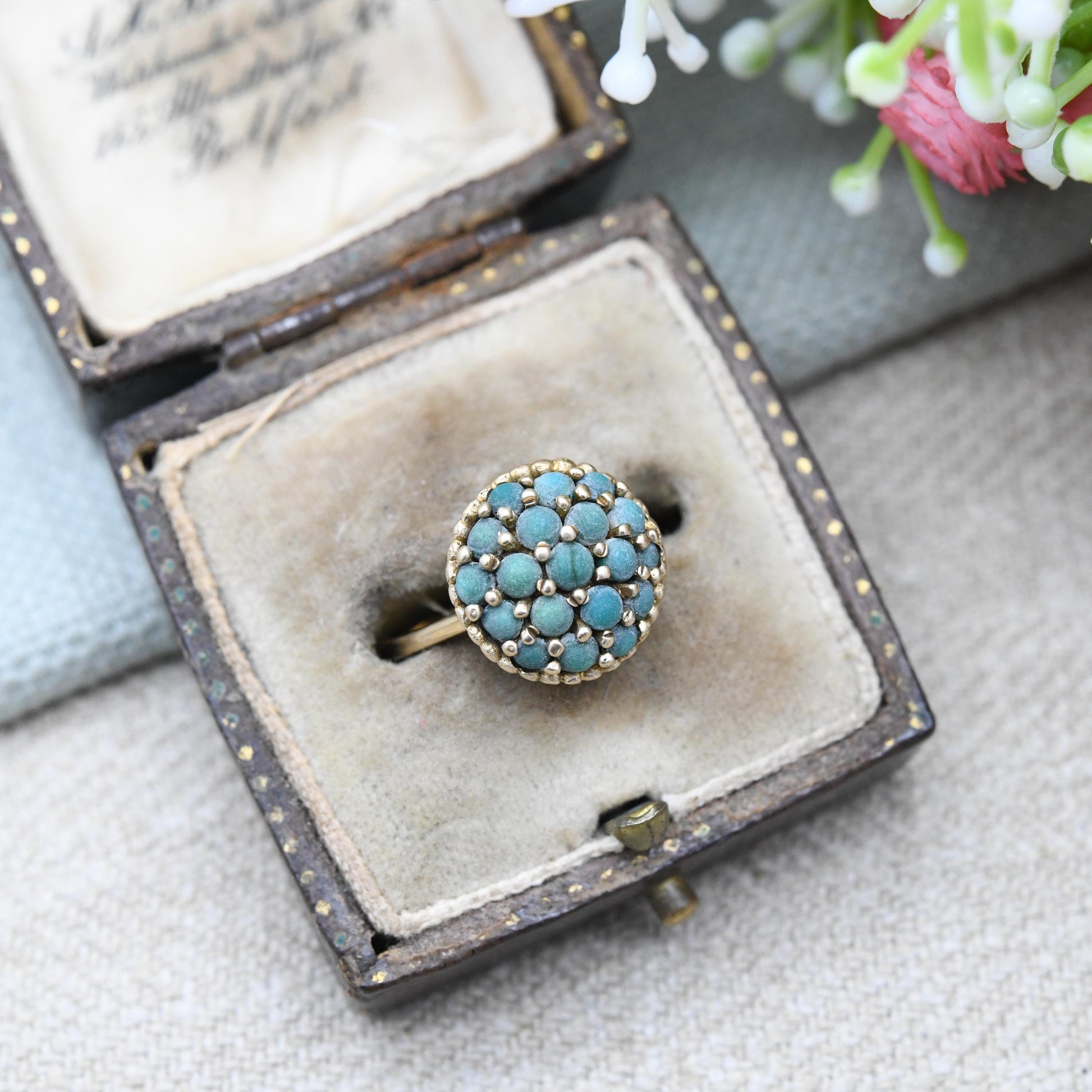 Vintage 9ct Gold Turquoise Cluster Ring 1968 - 1960s Jewellery Bombe Boule Cluster Statement Ring Gift | UK Size - L | US Size - 6