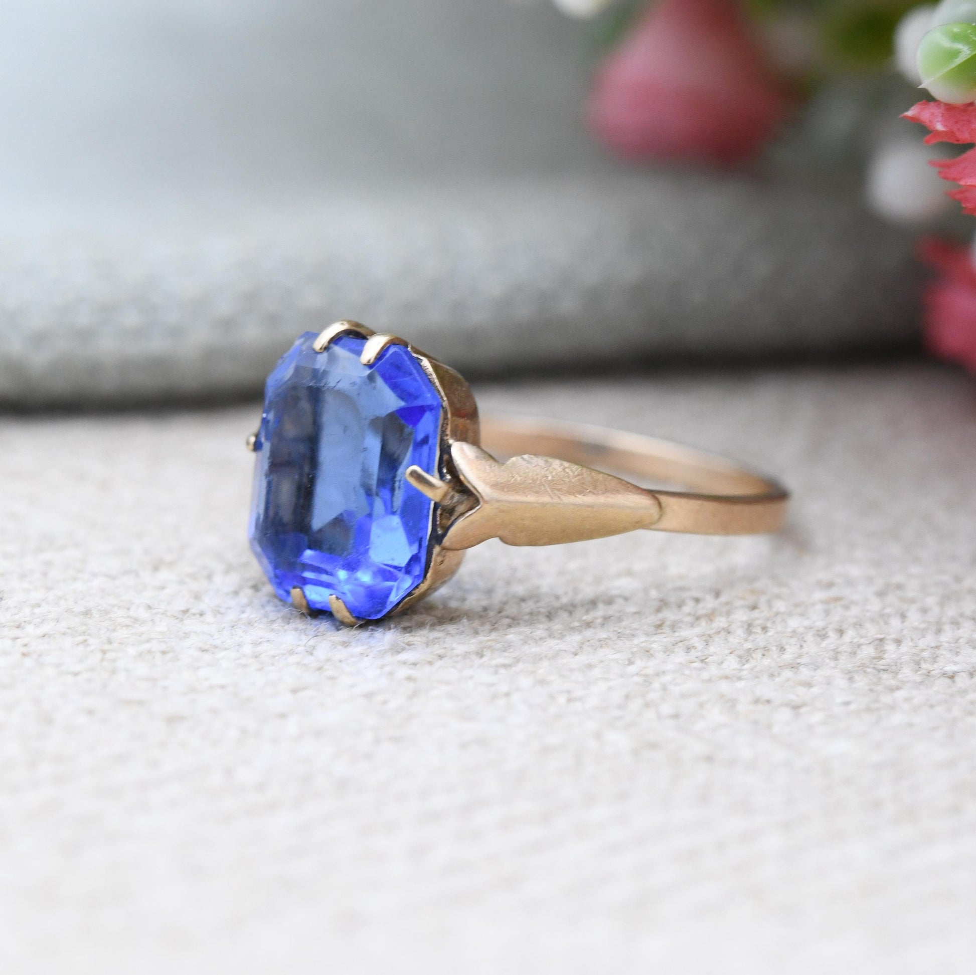 Antique Art Deco 9ct Gold Ring with Blue Paste Stone - c. 1910s Edwardian Era Imitation Sapphire | UK Size - L | US Size - 6