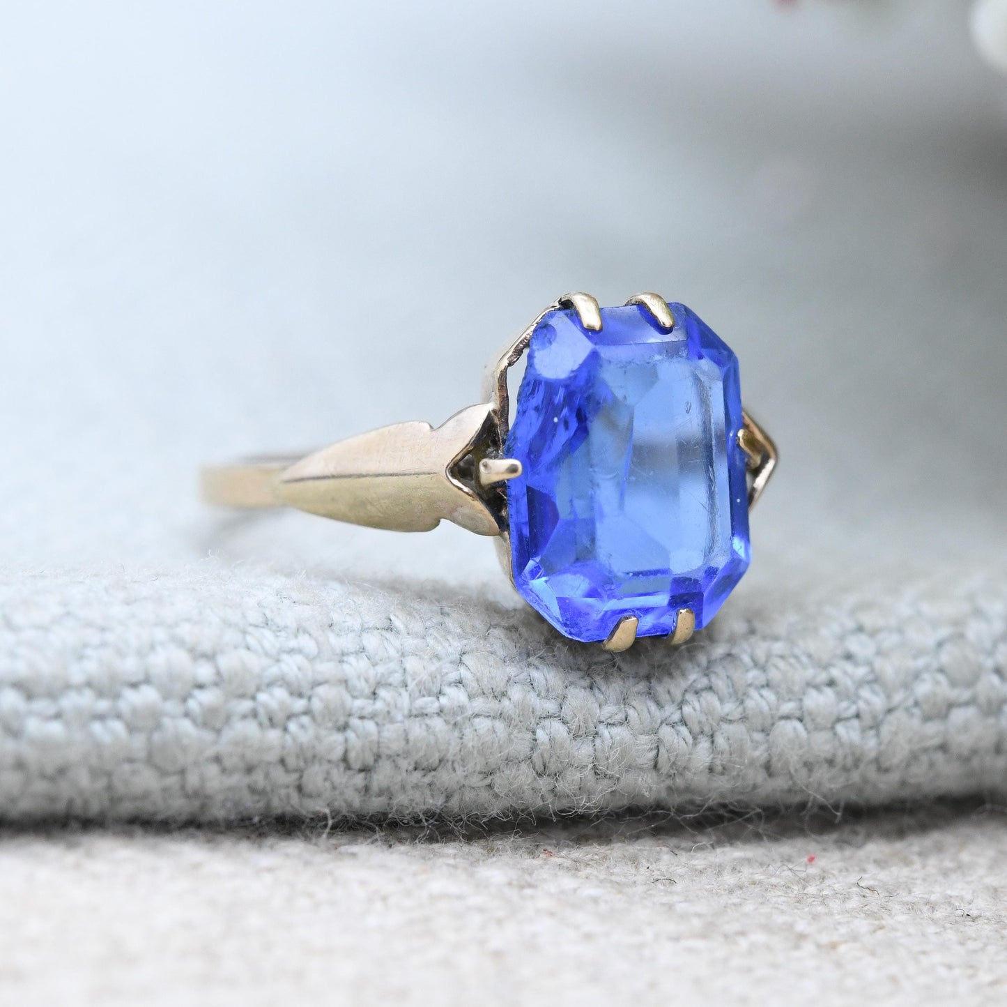 Antique Art Deco 9ct Gold Ring with Blue Paste Stone - c. 1910s Edwardian Era Imitation Sapphire | UK Size - L | US Size - 6