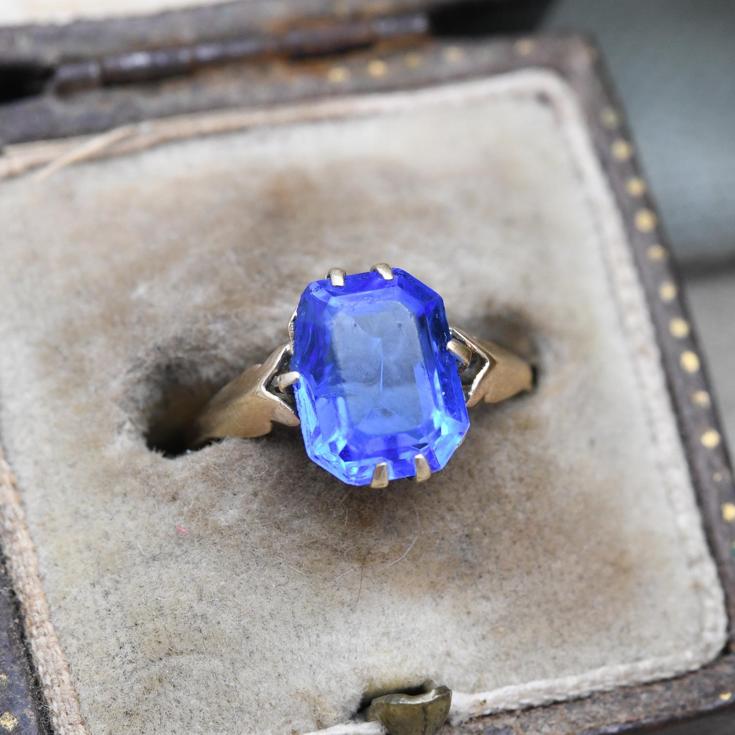 Antique Art Deco 9ct Gold Ring with Blue Paste Stone - c. 1910s Edwardian Era Imitation Sapphire | UK Size - L | US Size - 6