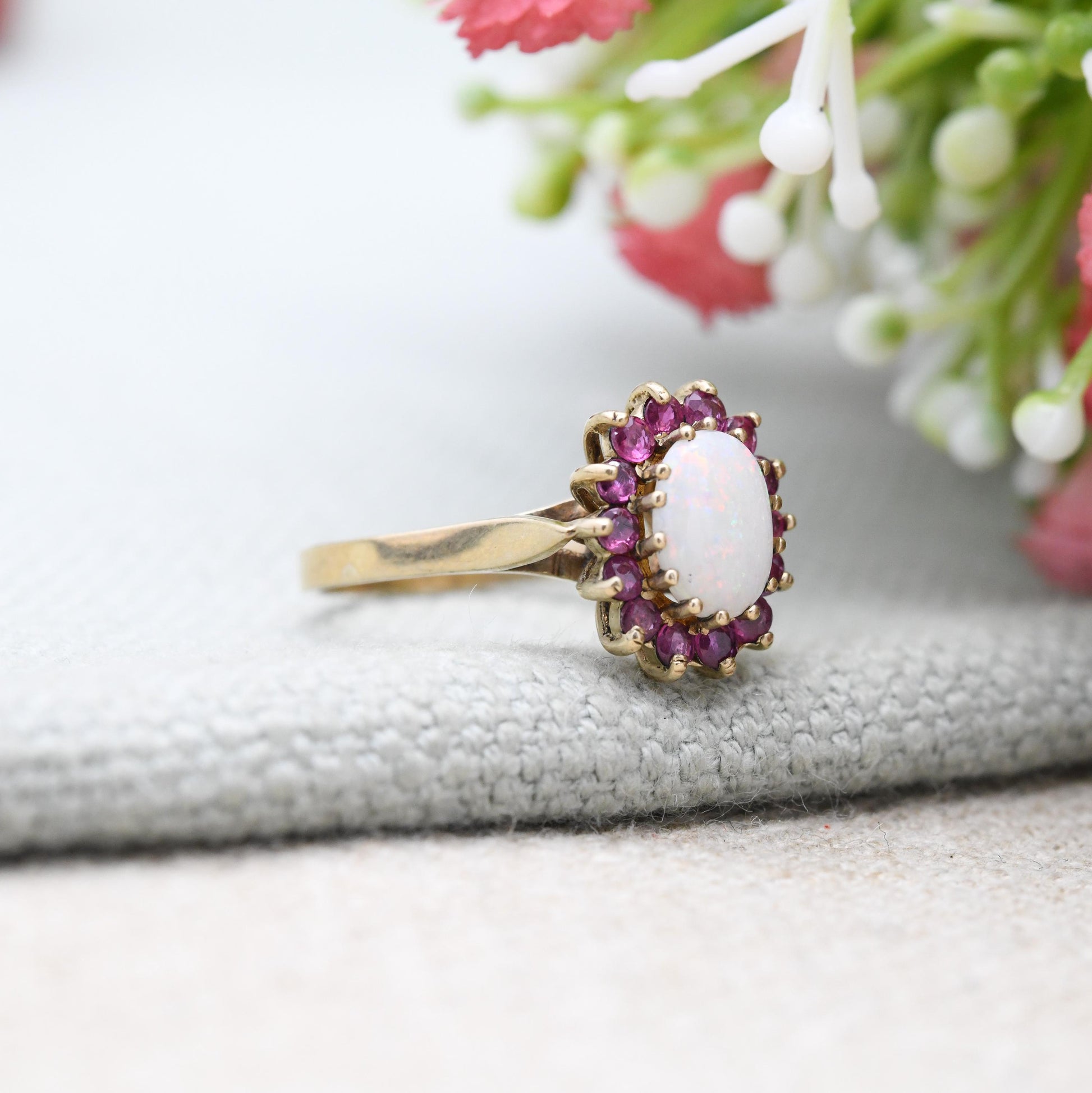 Vintage 9ct Gold Opal and Ruby Halo Ring 1994 - 1990s Edwardian Style | White and Red Gemstone Gift for Her | UK Size - O | US Size - 7