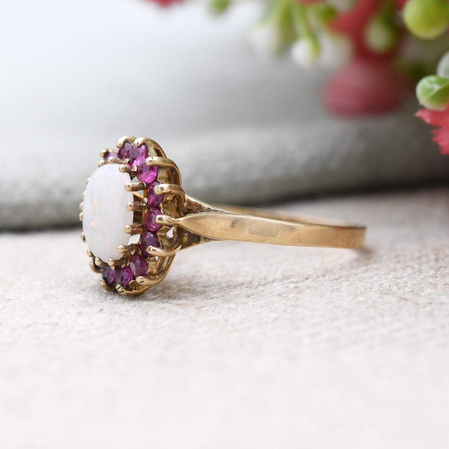 Vintage 9ct Gold Opal and Ruby Halo Ring 1994 - 1990s Edwardian Style | White and Red Gemstone Gift for Her | UK Size - O | US Size - 7