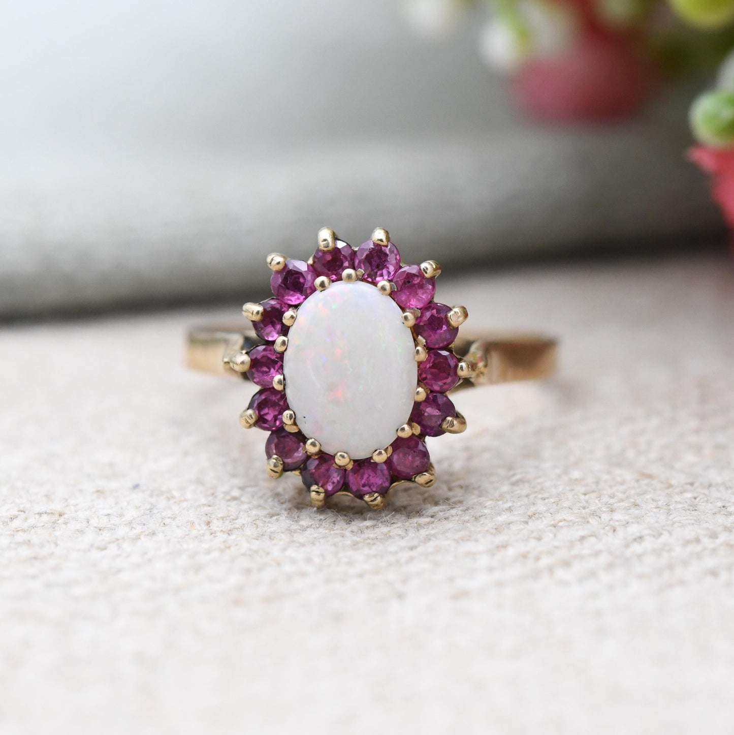 Vintage 9ct Gold Opal and Ruby Halo Ring 1994 - 1990s Edwardian Style | White and Red Gemstone Gift for Her | UK Size - O | US Size - 7