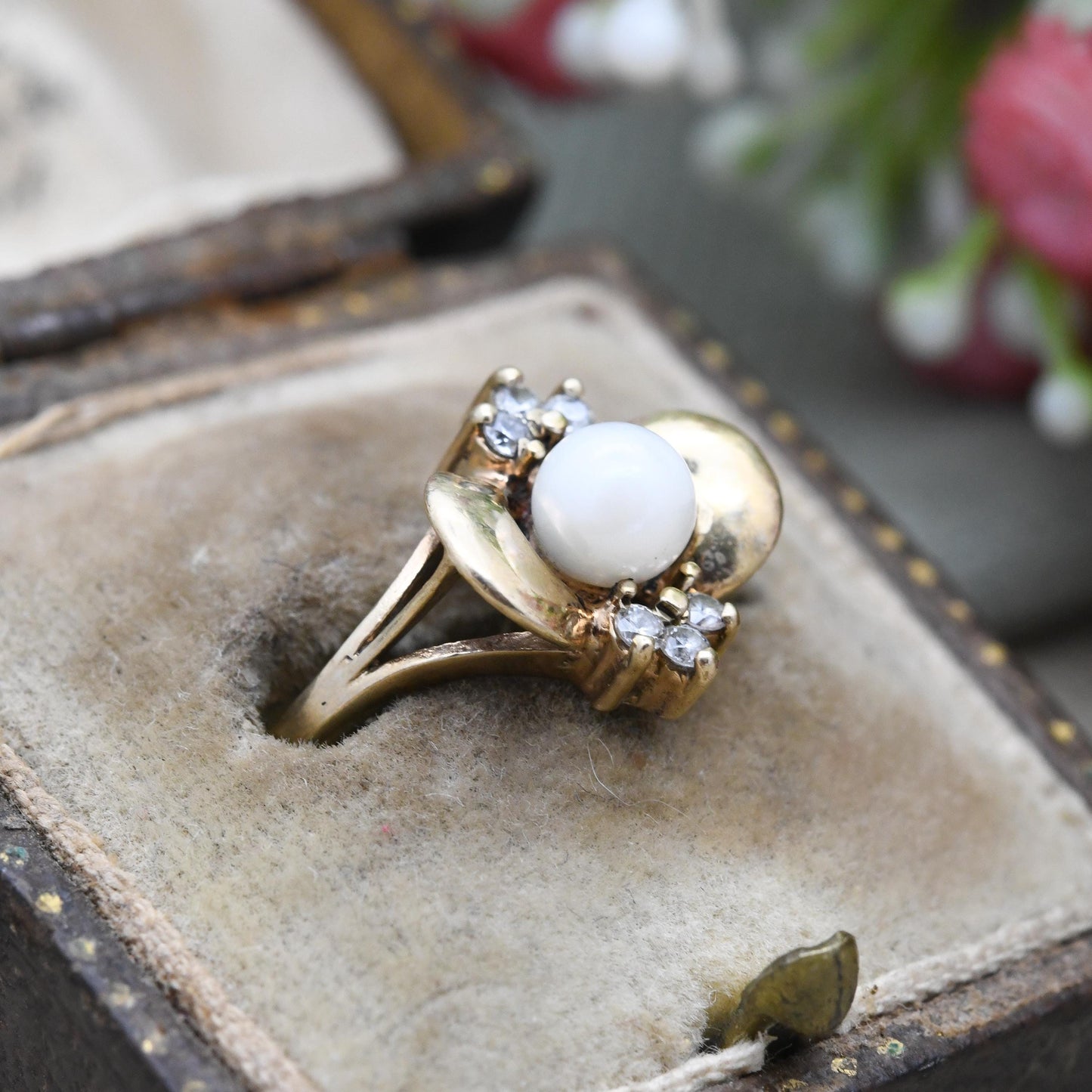 Vintage 9ct Gold Pearl Ring 1993 with CZ Accent Stones by Slade and Kempton S&K - White Cocktail Real Pearl Ring | UK Size - L | US Size - 6
