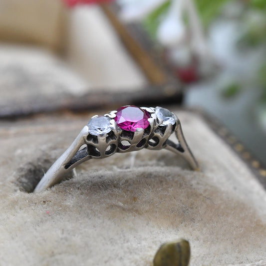 Vintage 9ct Gold Ruby Ring Three Stone with Clear Stones - 20th Century Gold Jewellery Gift for Her | UK Size - P | US Size - 8