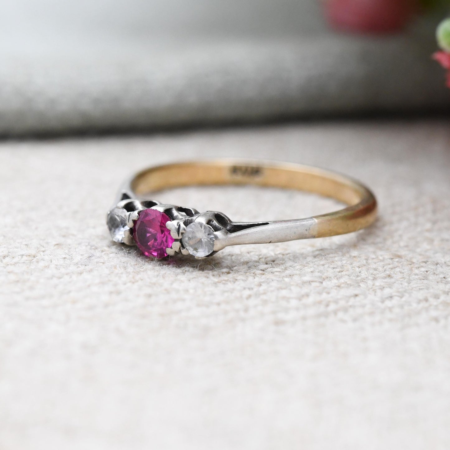 Vintage 9ct Gold Ruby Ring Three Stone with Clear Stones - 20th Century Gold Jewellery Gift for Her | UK Size - P | US Size - 8