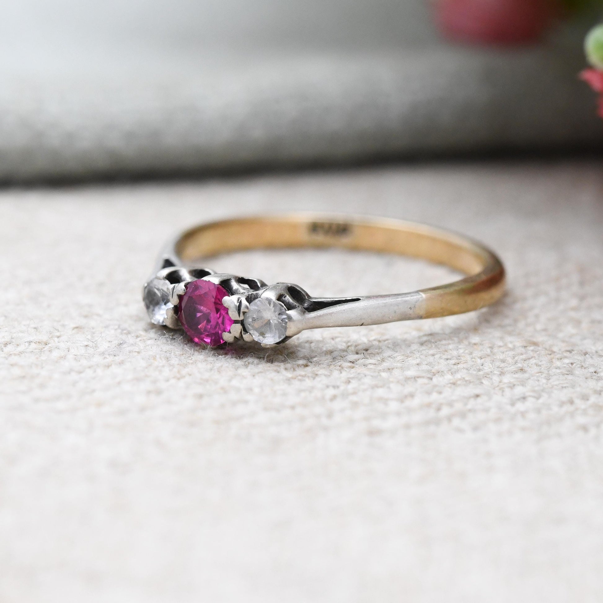 Vintage 9ct Gold Ruby Ring Three Stone with Clear Stones - 20th Century Gold Jewellery Gift for Her | UK Size - P | US Size - 8