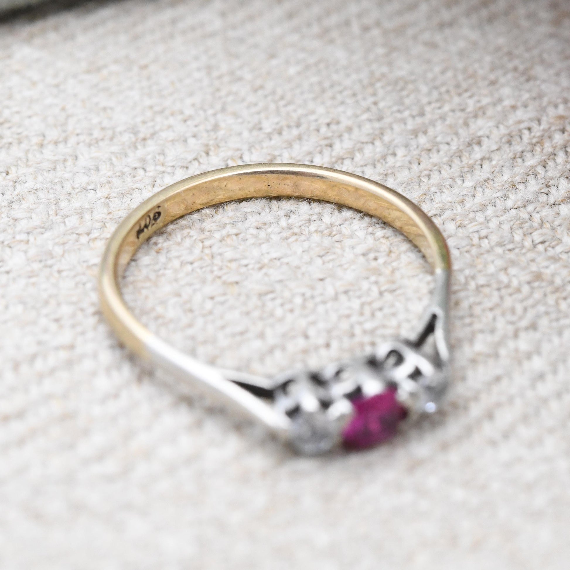 Vintage 9ct Gold Ruby Ring Three Stone with Clear Stones - 20th Century Gold Jewellery Gift for Her | UK Size - P | US Size - 8
