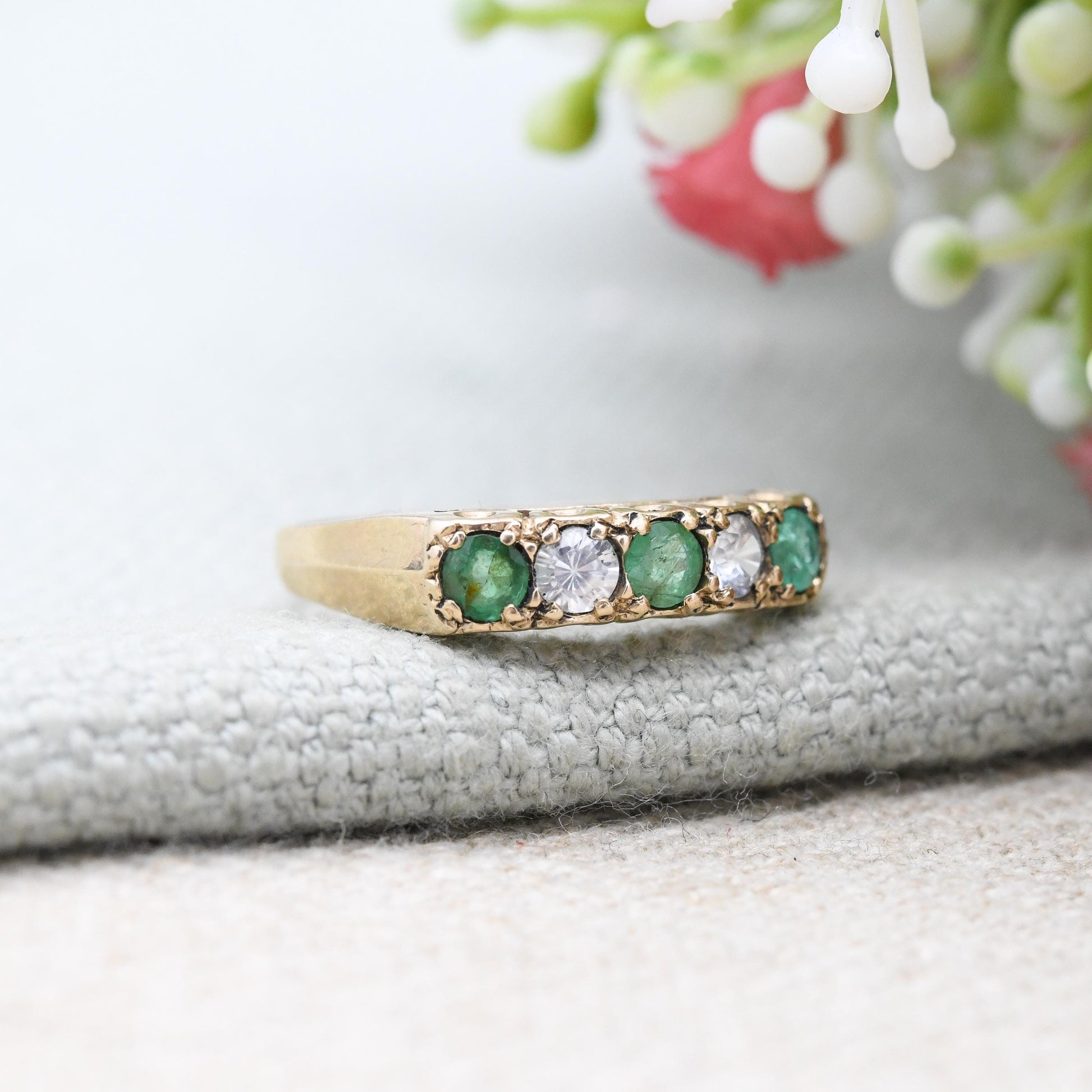 Vintage 9ct Gold Emerald Ring with Clear Stones 1972 - Green Five Stone Ring | Stacker Engagement Ring | UK Size - N 1/2 | US Size - 7