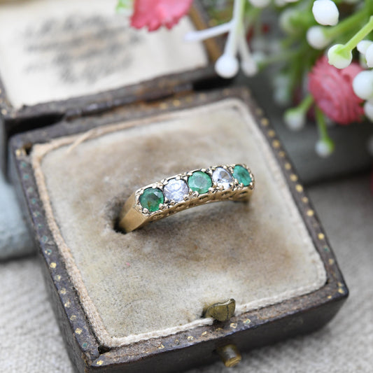 Vintage 9ct Gold Emerald Ring with Clear Stones 1972 - Green Five Stone Ring | Stacker Engagement Ring | UK Size - N 1/2 | US Size - 7