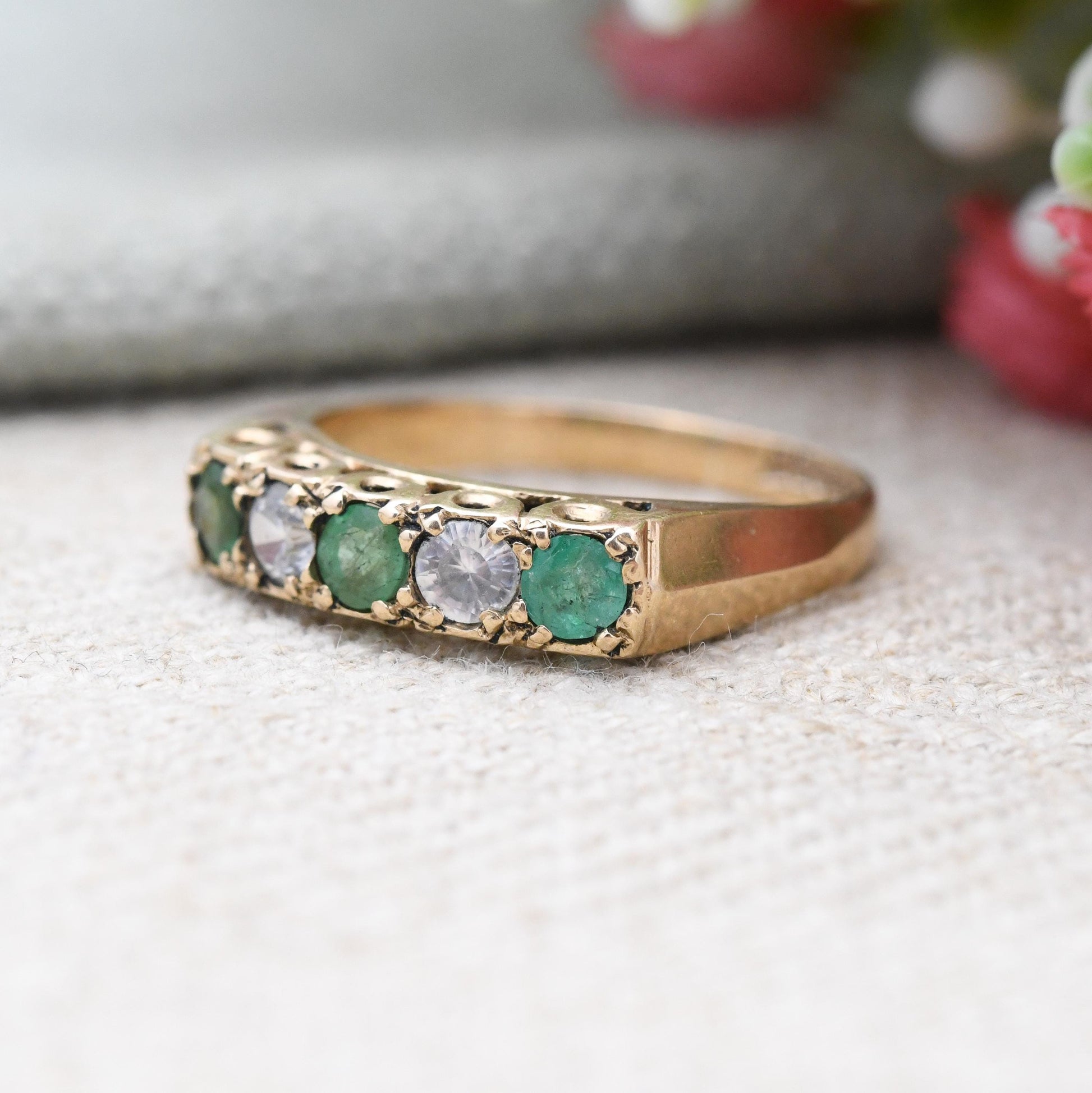 Vintage 9ct Gold Emerald Ring with Clear Stones 1972 - Green Five Stone Ring | Stacker Engagement Ring | UK Size - N 1/2 | US Size - 7