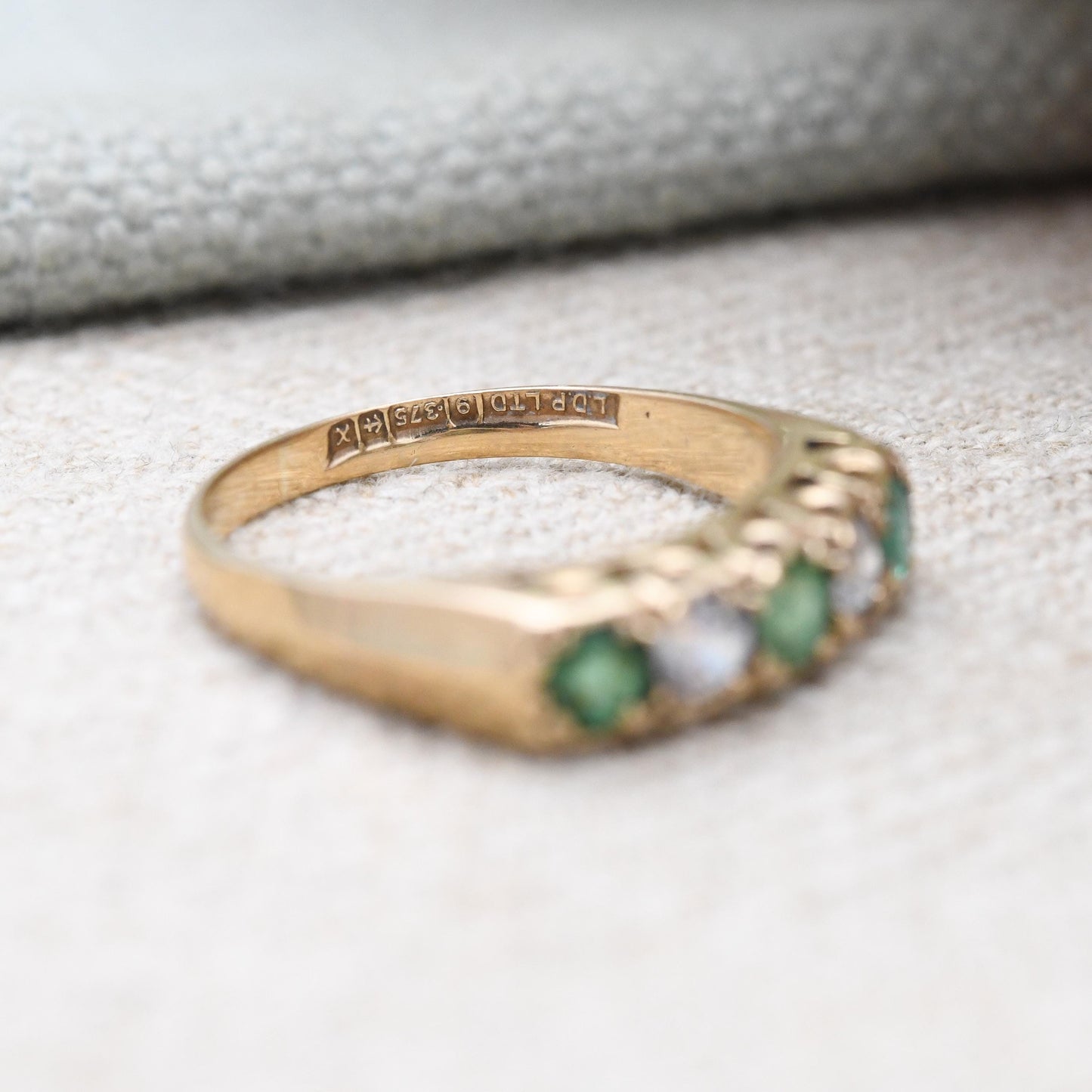 Vintage 9ct Gold Emerald Ring with Clear Stones 1972 - Green Five Stone Ring | Stacker Engagement Ring | UK Size - N 1/2 | US Size - 7