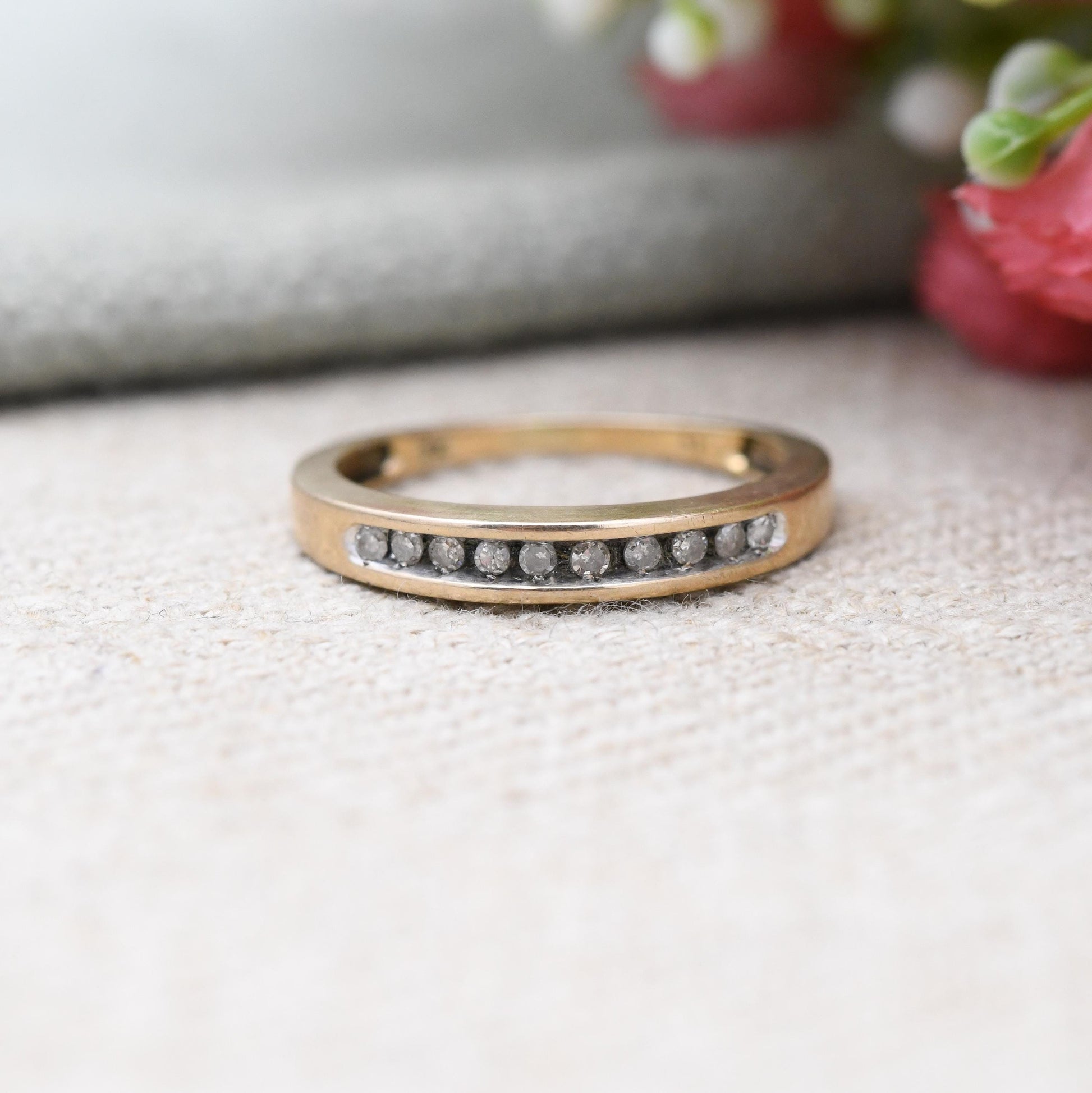 Vintage 9ct Gold and Diamond Half Eternity Ring .10 Carats 10 Points - Flush Stones Half Hoop Diamond Stack | UK Size - L | US Size - 5 3/4