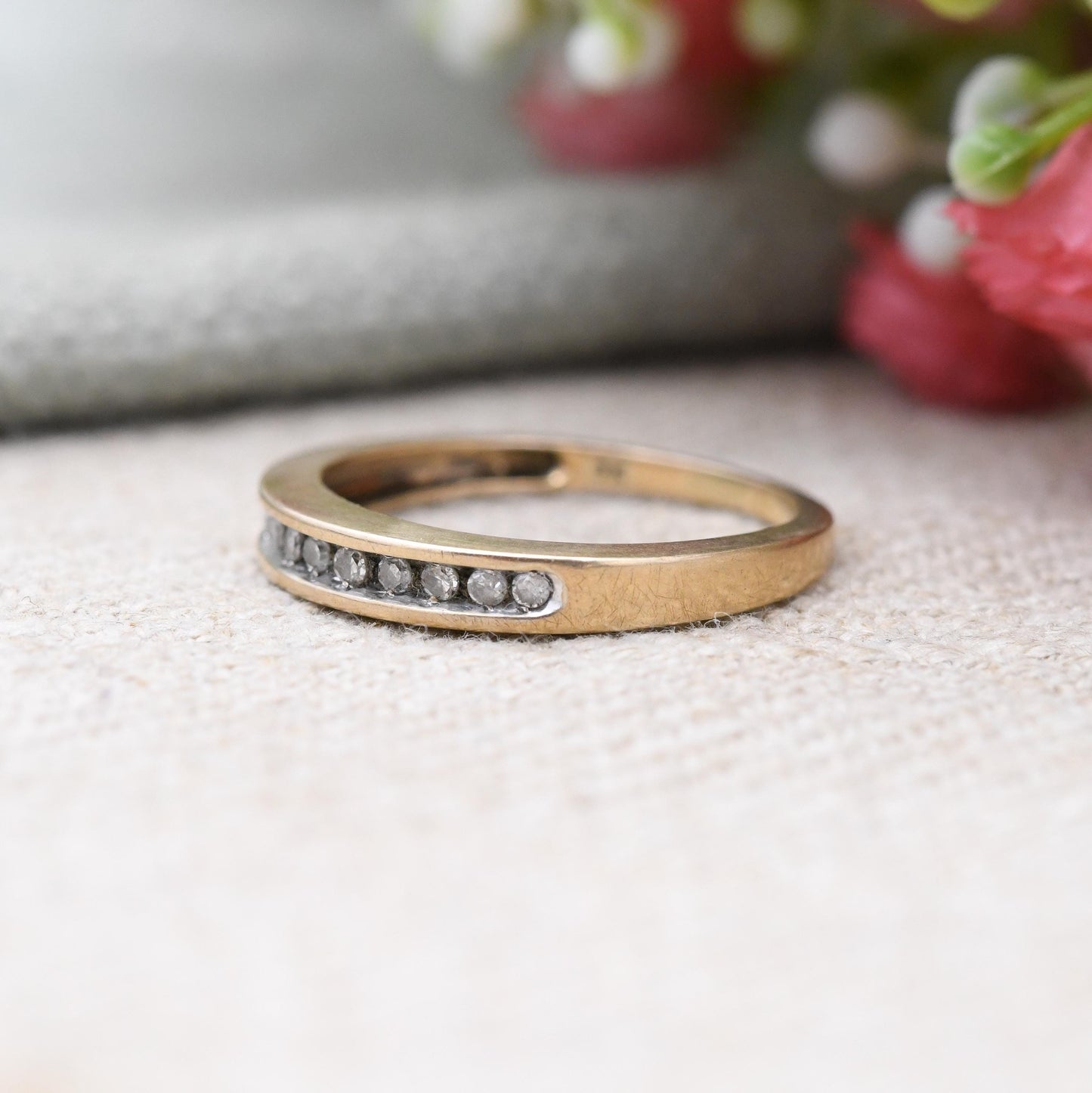 Vintage 9ct Gold and Diamond Half Eternity Ring .10 Carats 10 Points - Flush Stones Half Hoop Diamond Stack | UK Size - L | US Size - 5 3/4