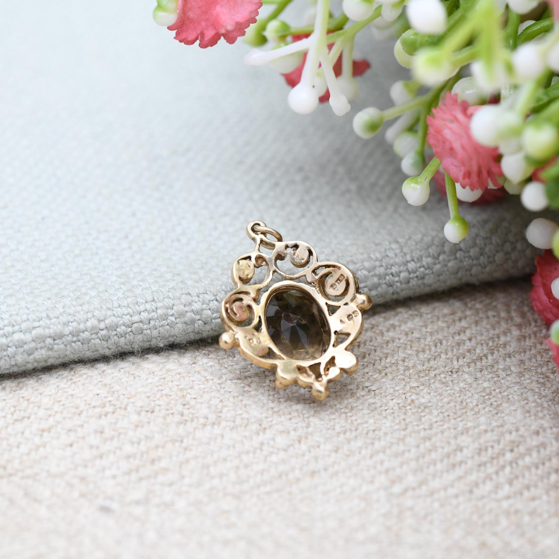Vintage 9ct Gold Smoky Quartz Pendant 1977 - Ornate Large Gemstone Necklace Charm Pendant | Antique Style