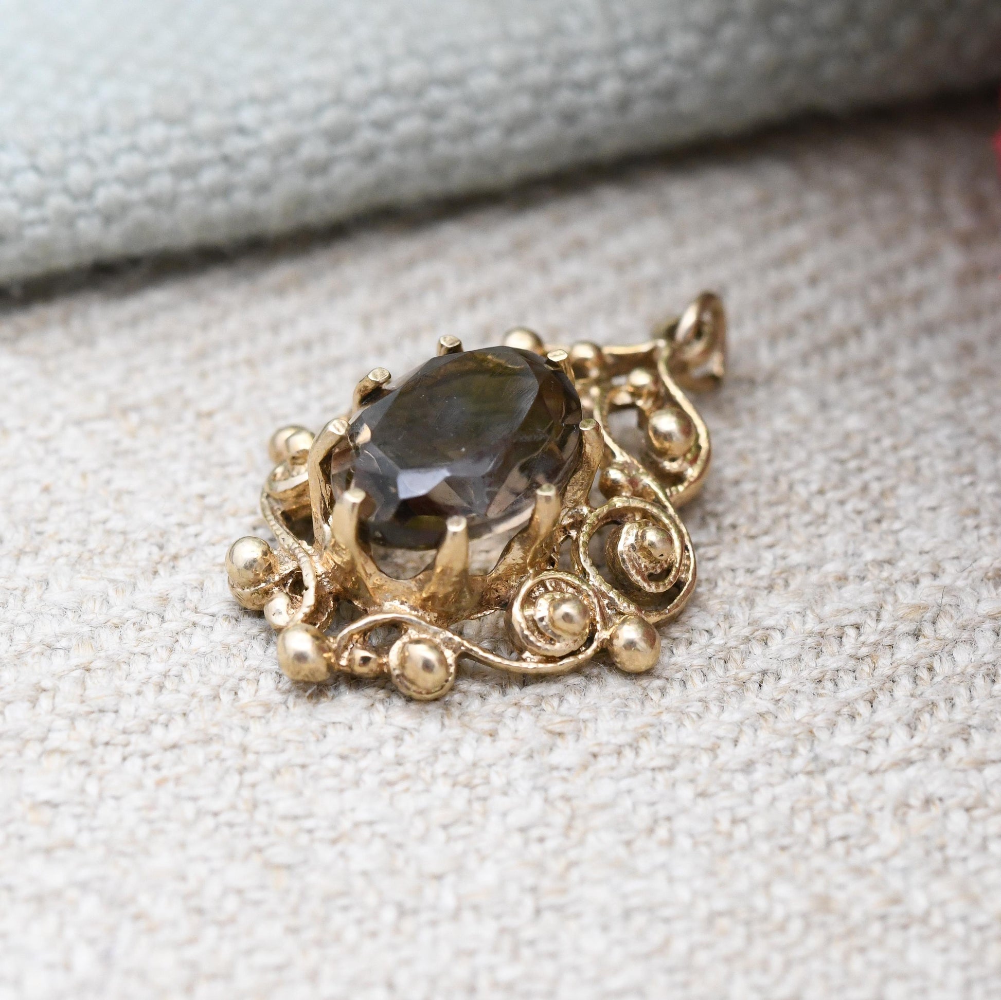 Vintage 9ct Gold Smoky Quartz Pendant 1977 - Ornate Large Gemstone Necklace Charm Pendant | Antique Style