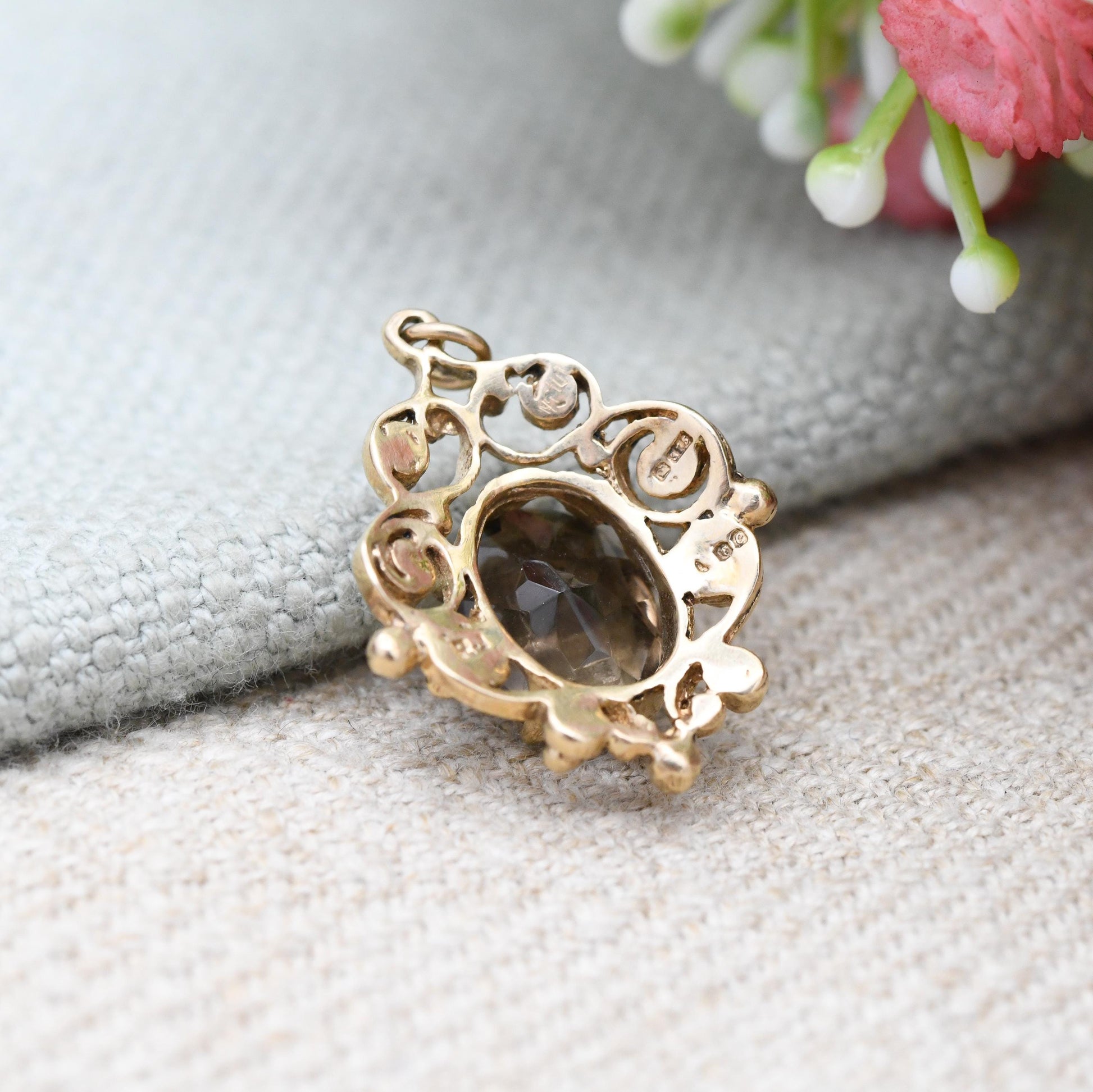 Vintage 9ct Gold Smoky Quartz Pendant 1977 - Ornate Large Gemstone Necklace Charm Pendant | Antique Style