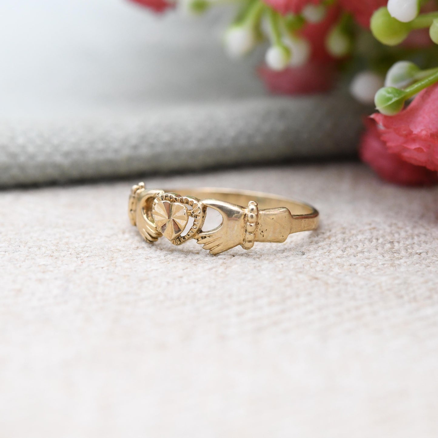 Antique 9ct Gold Dublin Claddagh Ring - Irish Hands Holding Heart Symbol | Diamond Cut Heart | UK Size - L 1/2 | US Size - 6