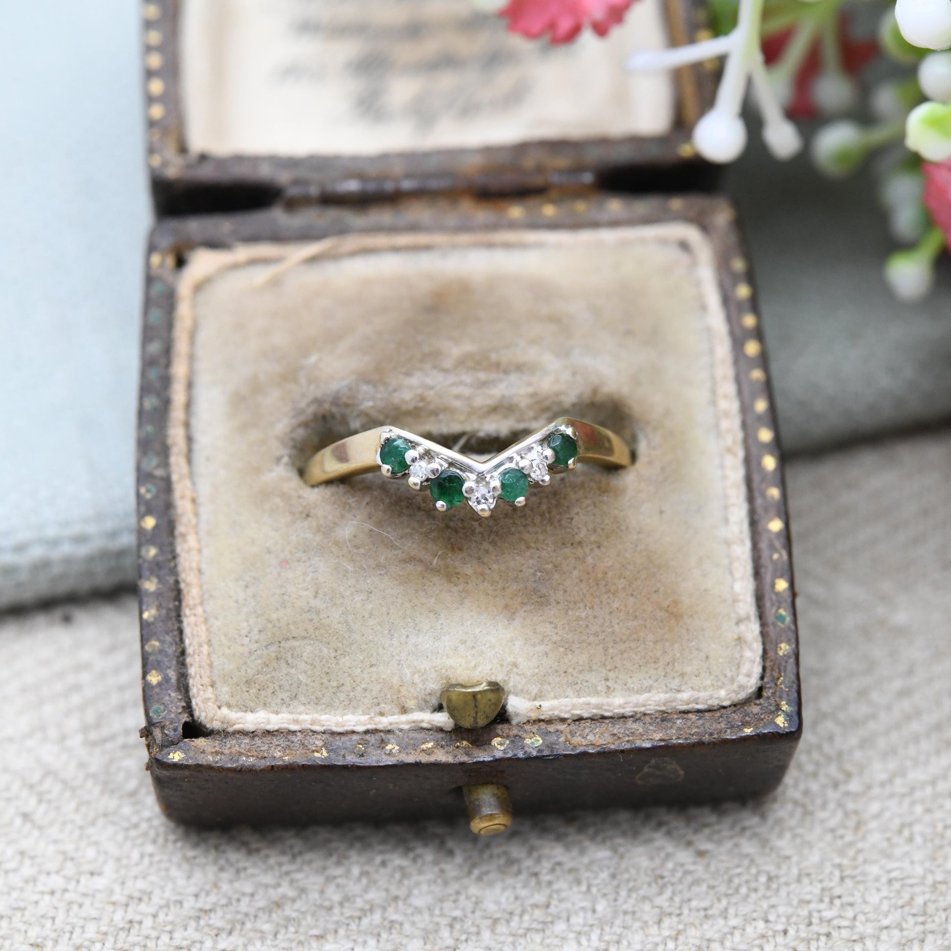 Vintage 9ct Gold Emerald Diamond Wishbone Ring QVC 1998 - Green Clear Gemstone Stacking Ring | April May | UK Size - P 1/2 | US Size - 8