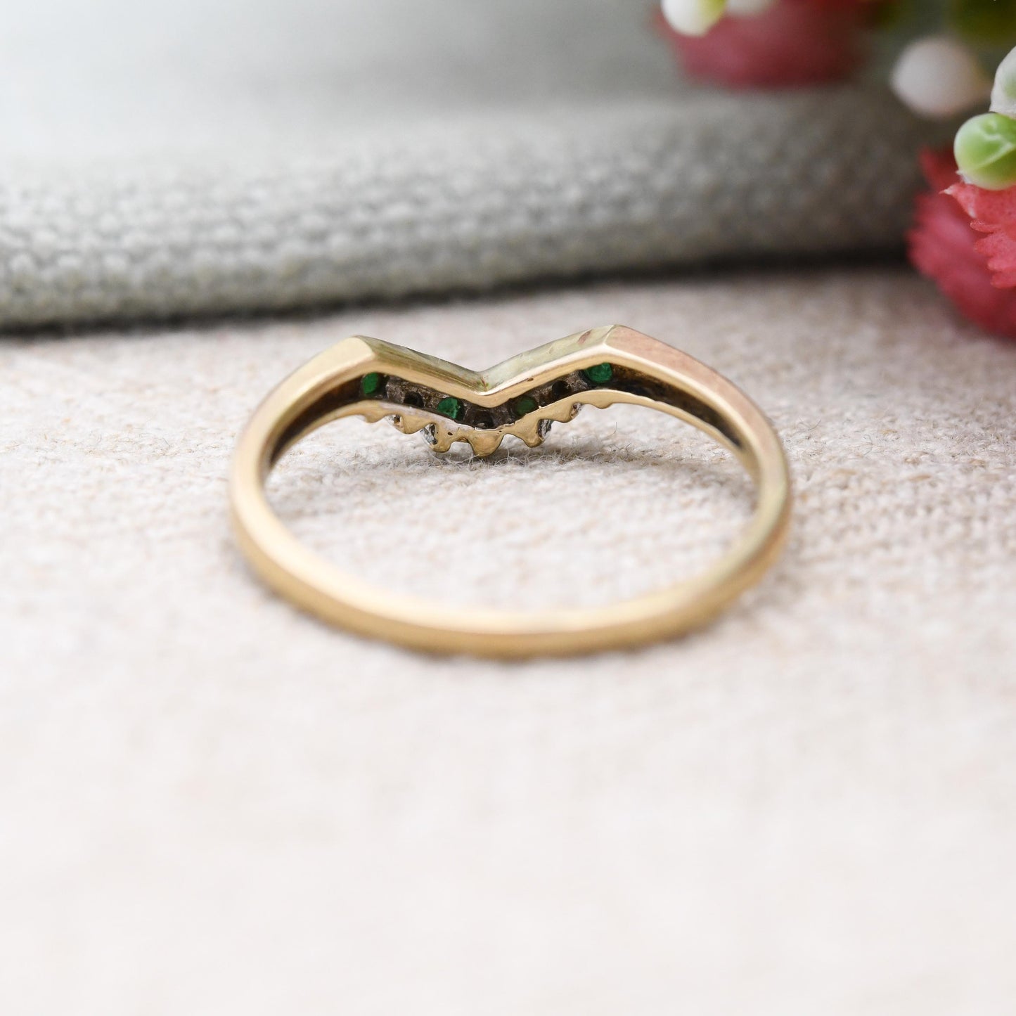 Vintage 9ct Gold Emerald Diamond Wishbone Ring QVC 1998 - Green Clear Gemstone Stacking Ring | April May | UK Size - P 1/2 | US Size - 8