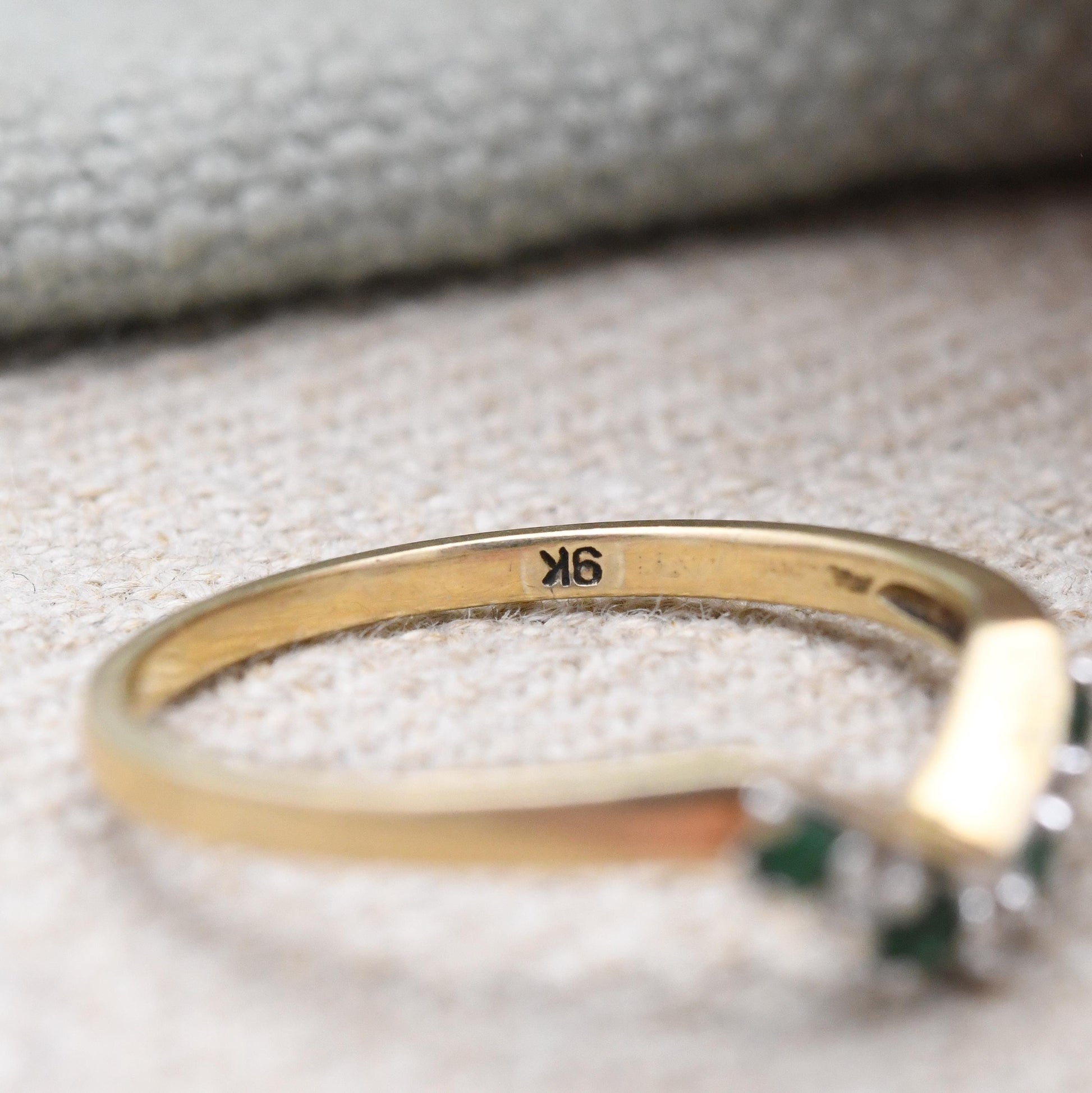 Vintage 9ct Gold Emerald Diamond Wishbone Ring QVC 1998 - Green Clear Gemstone Stacking Ring | April May | UK Size - P 1/2 | US Size - 8