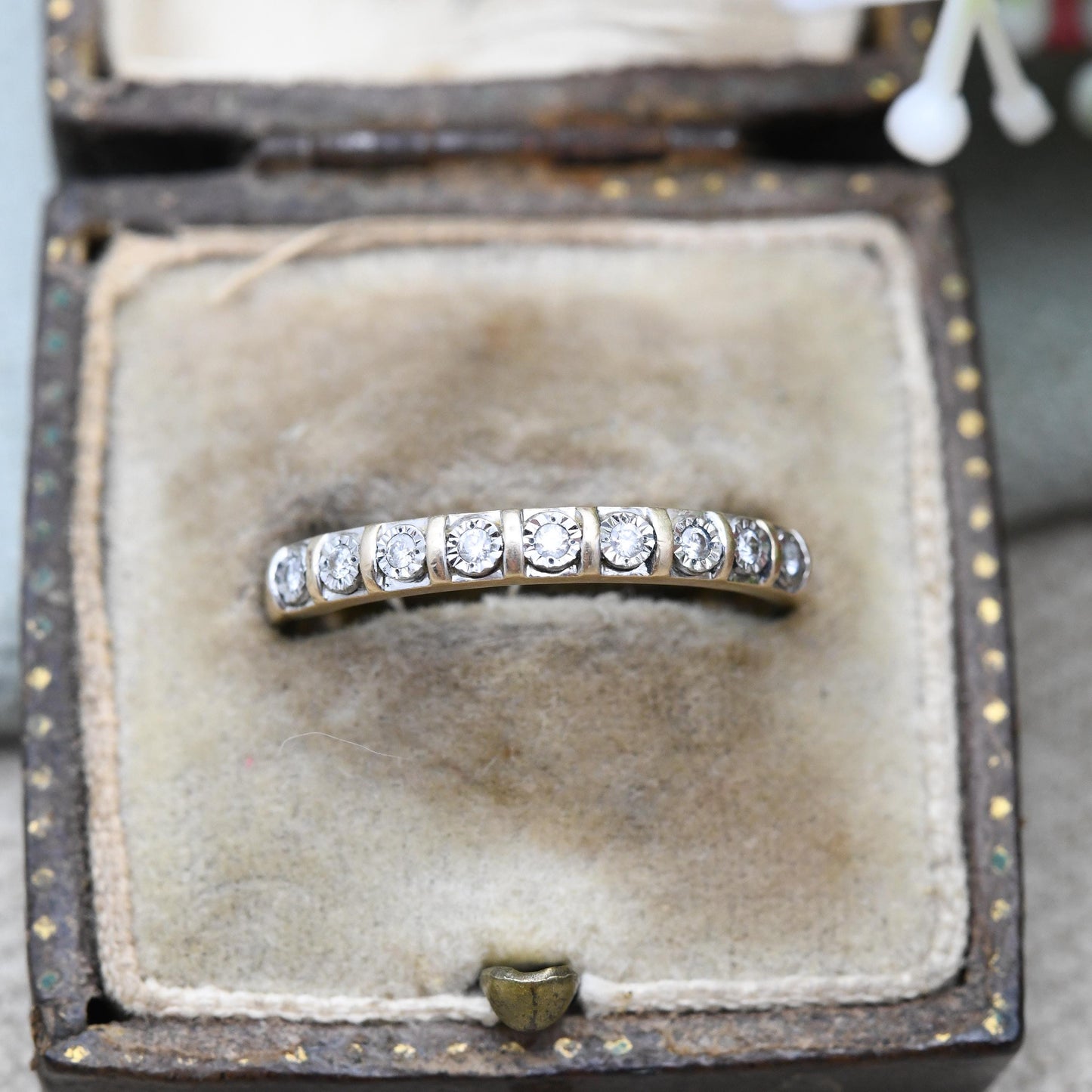Vintage 9ct Gold Diamond Half Eternity Ring - Flush Illusion Stones Half Hoop Ring Stacking Diamond Ring Gift | UK Size - R US Size - 8 3/4