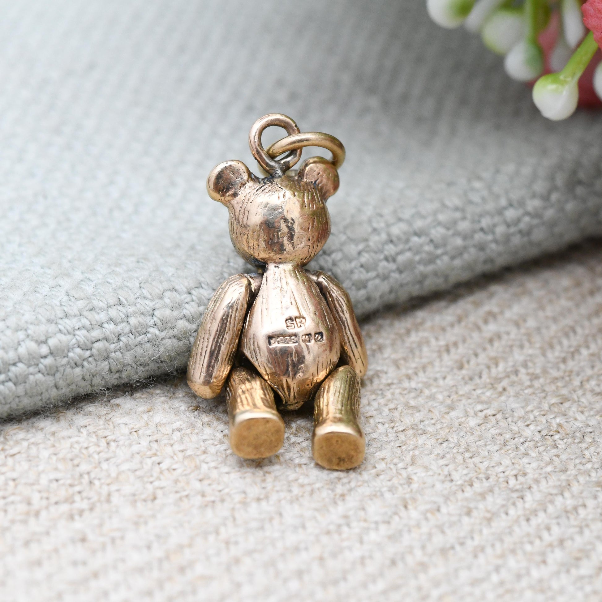 Vintage 9ct Gold Articulated Bear Charm Pendant with Clear Stone Eyes - Mechanical Doll Charm Moving Limbs | Textured Fur
