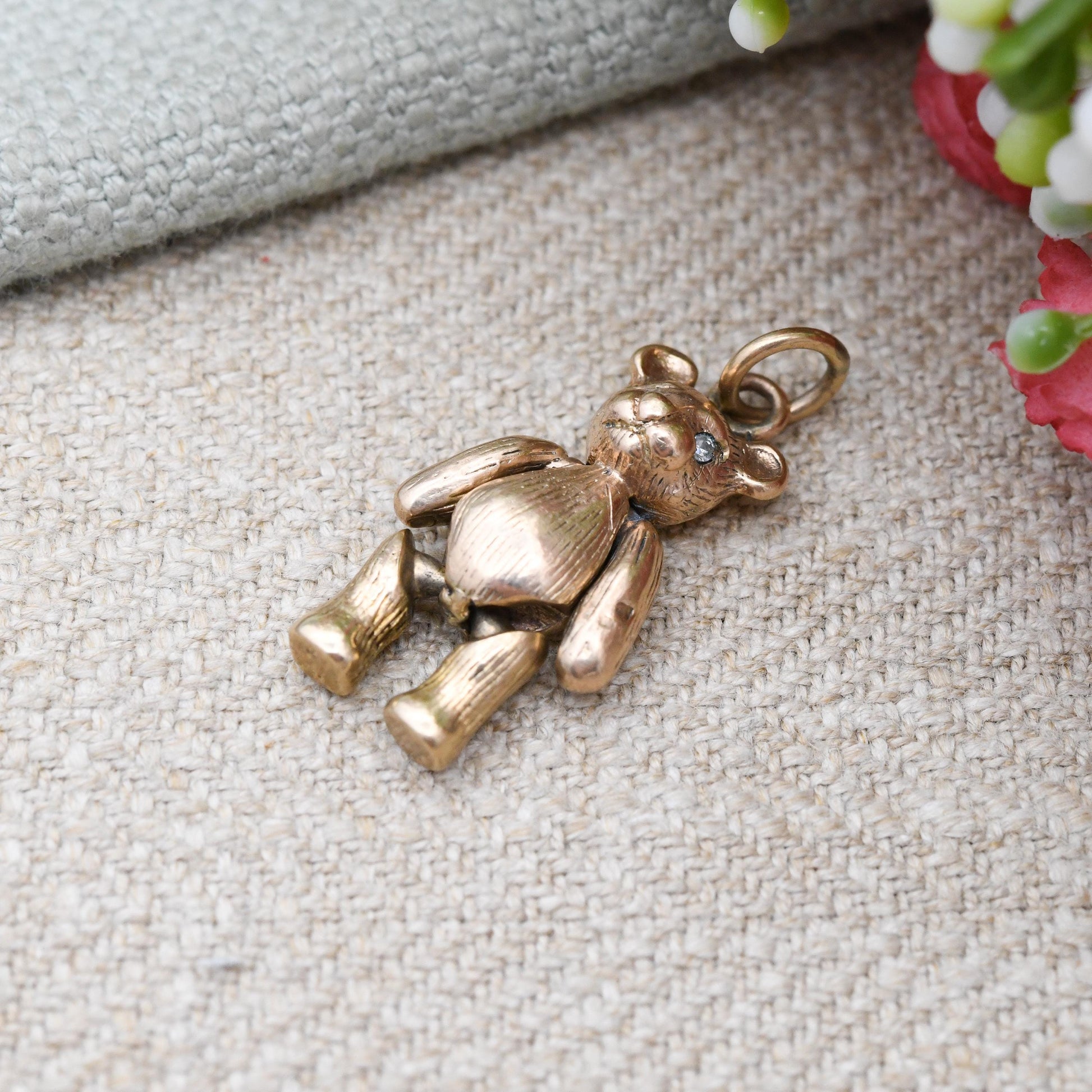Vintage 9ct Gold Articulated Bear Charm Pendant with Clear Stone Eyes - Mechanical Doll Charm Moving Limbs | Textured Fur