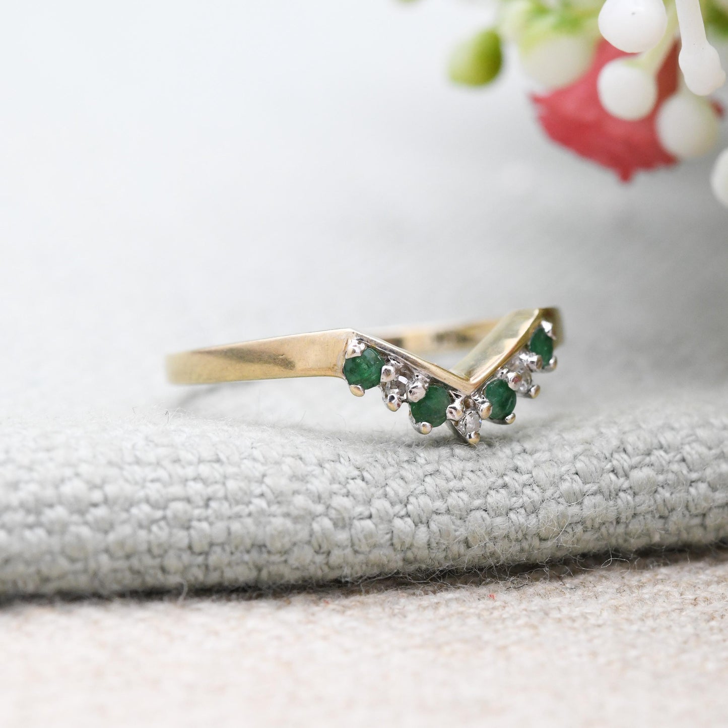 Vintage 9ct Gold Emerald Diamond Wishbone Ring QVC 1998 - Green and Clear Gemstone Stacking Ring | April May | UK Size - P 1/2 | US Size - 8