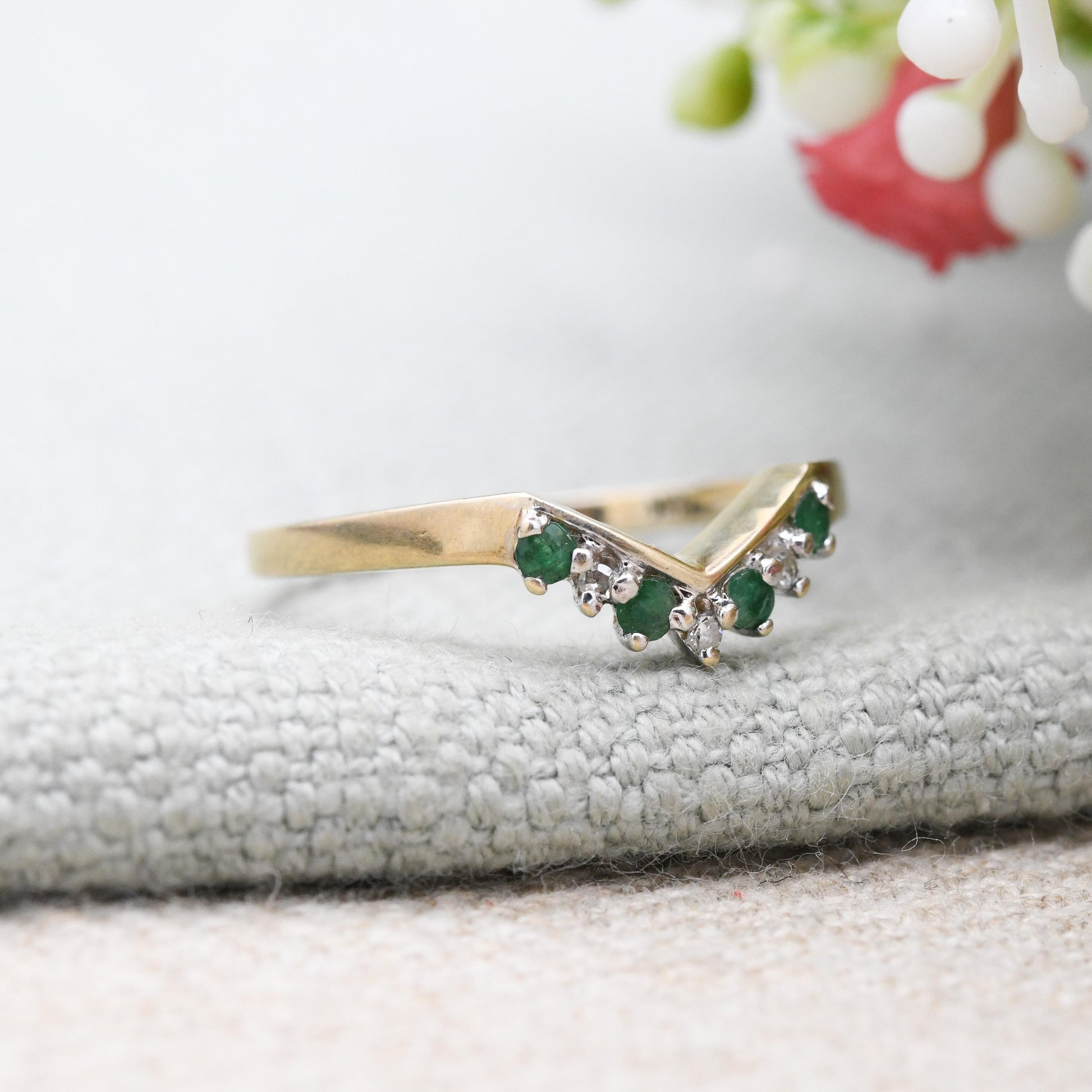 Vintage 9ct Gold Emerald Diamond Wishbone Ring QVC 1998 - Green and Clear Gemstone Stacking Ring | April May | UK Size - P 1/2 | US Size - 8