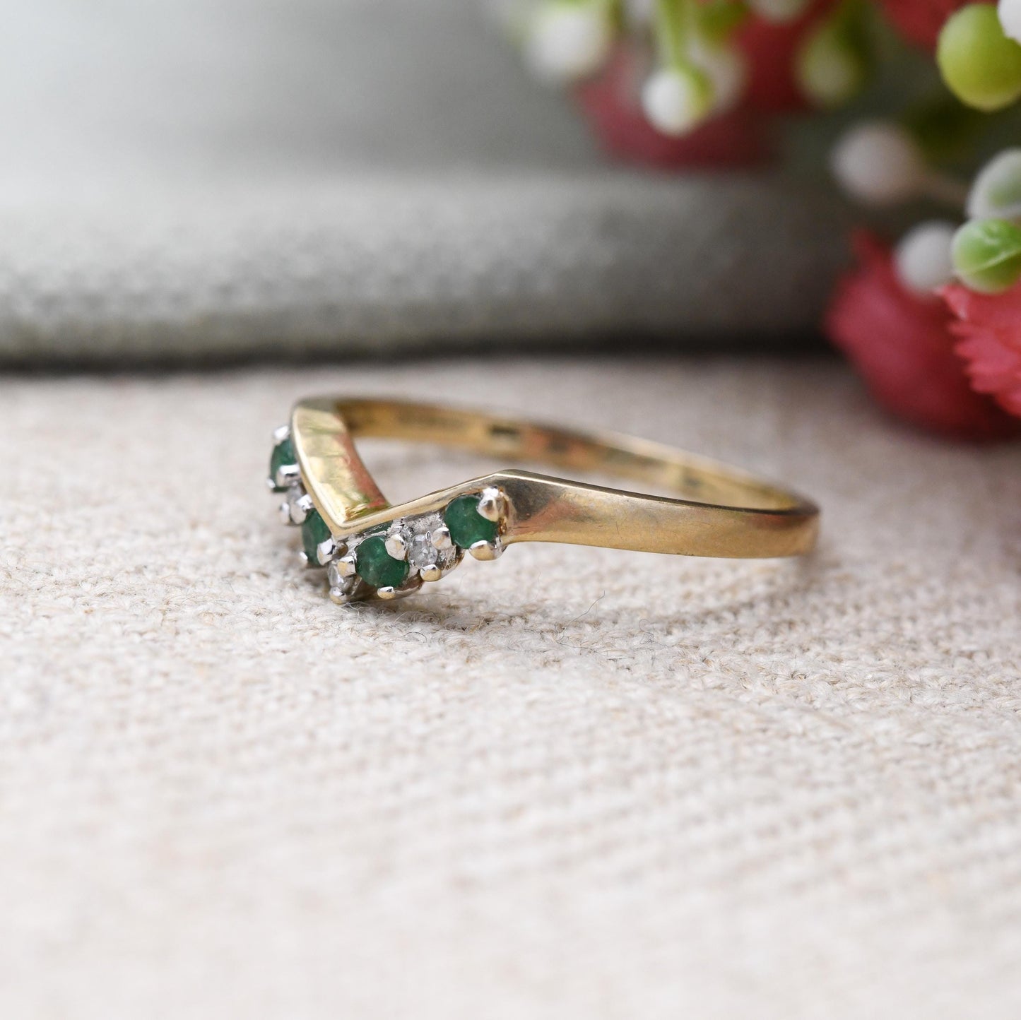 Vintage 9ct Gold Emerald Diamond Wishbone Ring QVC 1998 - Green and Clear Gemstone Stacking Ring | April May | UK Size - P 1/2 | US Size - 8