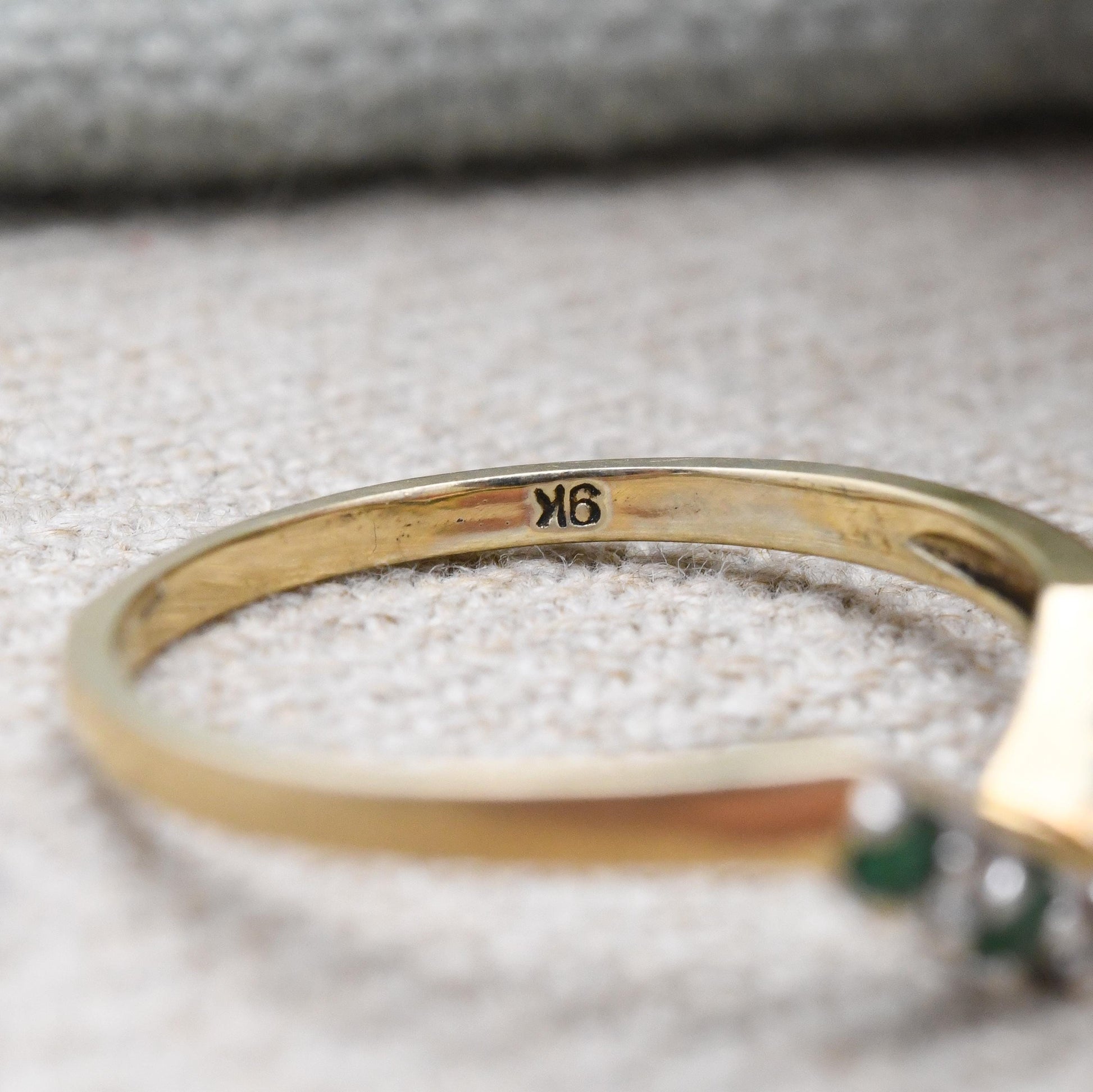 Vintage 9ct Gold Emerald Diamond Wishbone Ring QVC 1998 - Green and Clear Gemstone Stacking Ring | April May | UK Size - P 1/2 | US Size - 8