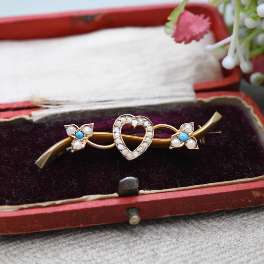 Antique Victorian 9ct Gold Turquoise and Split Pearl Brooch 1899 - Heart and Leaf Shaped Setting | Pretty Ornate Detail Bar Brooch | Chester