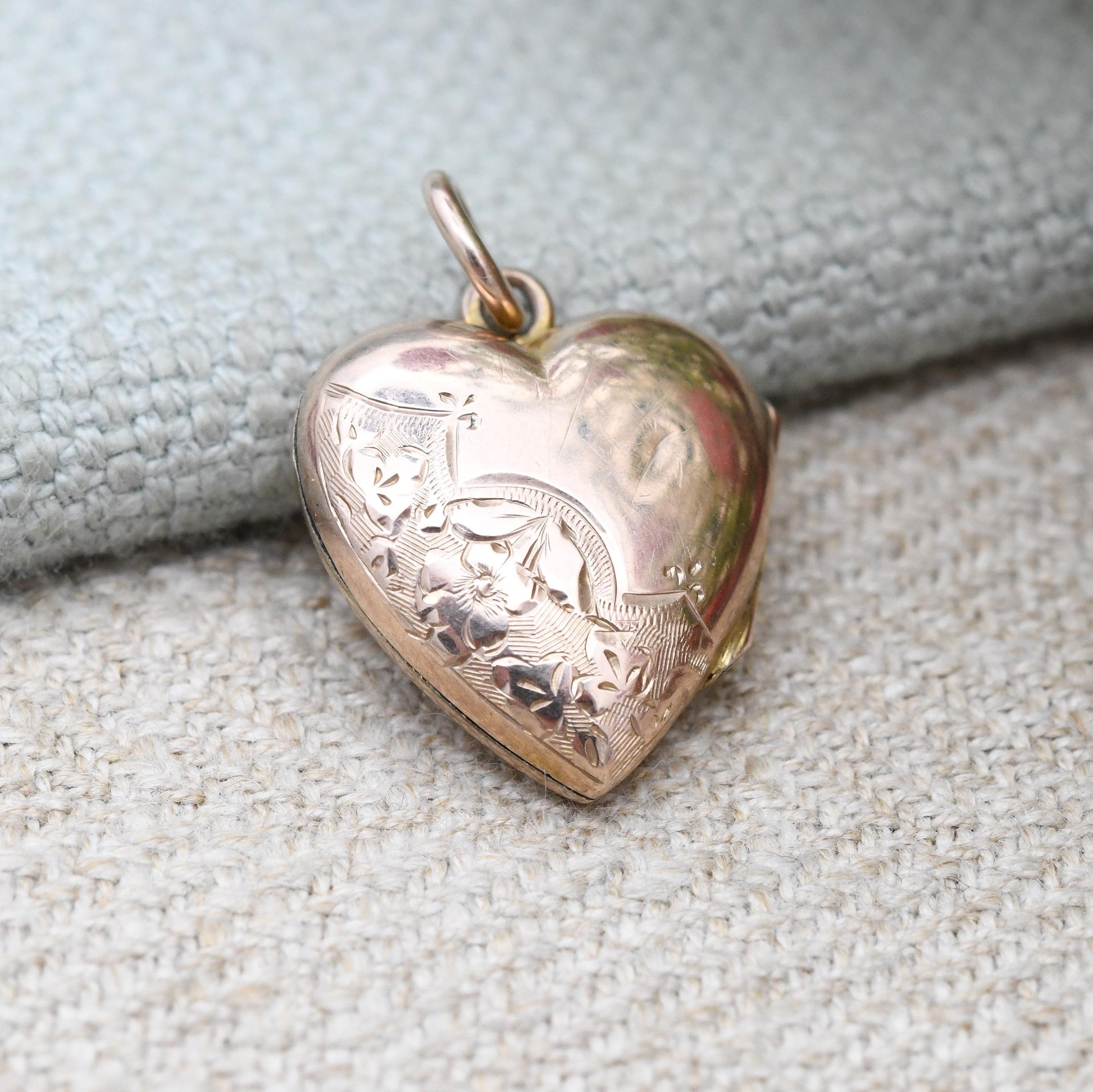 Antique 9ct Rose Gold Heart Locket Pendant - Engraved Love Heart Shape Locket Charm Pendant | Sentimental Jewellery Gift for Her Two Photos