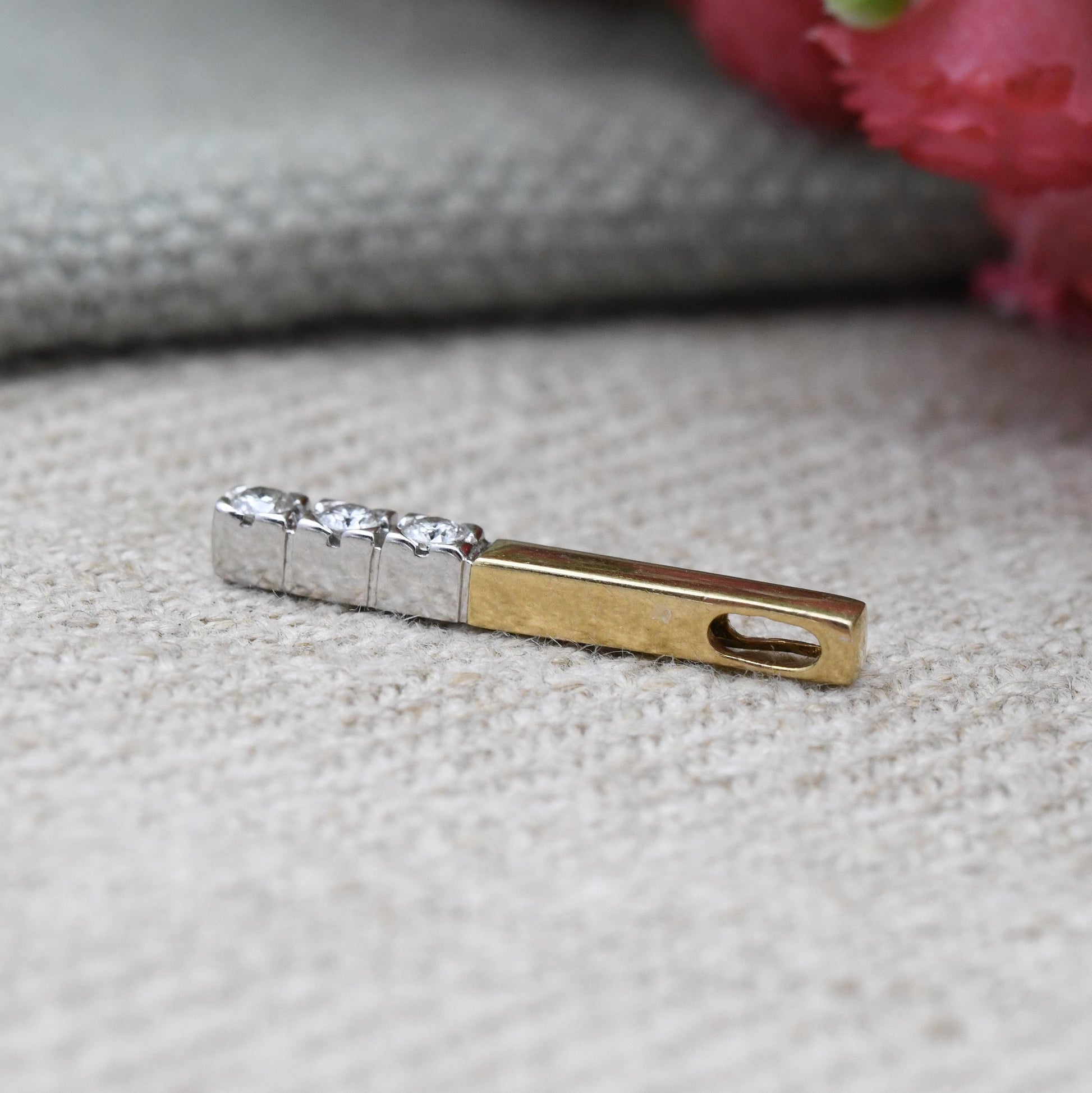 9ct Gold Diamond Pendant 2003 Two Tone White Gold and Yellow Gold - Solid Gold Minimalist Gift for Her | Three Stone Bar Pendant Charm
