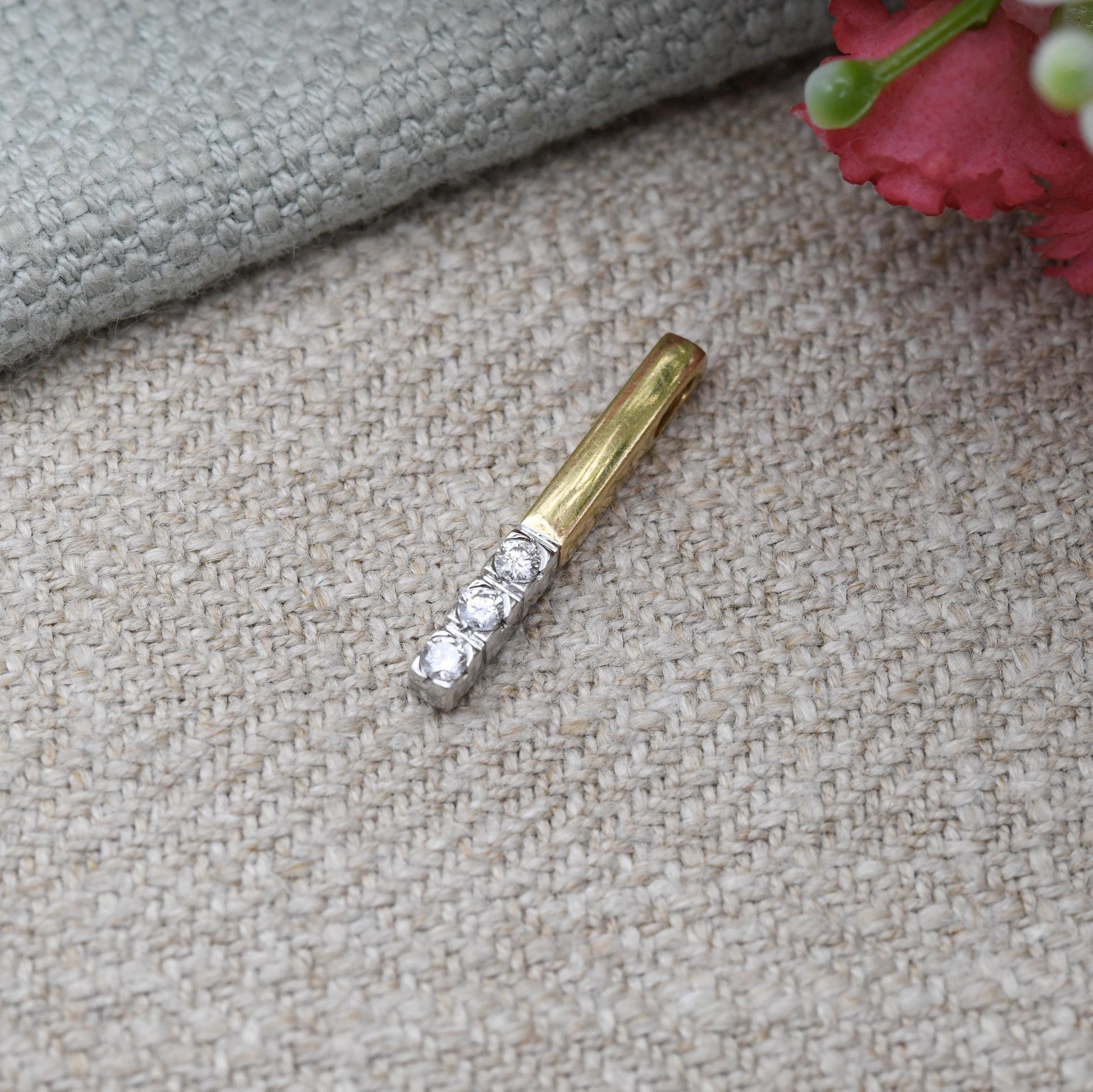 9ct Gold Diamond Pendant 2003 Two Tone White Gold and Yellow Gold - Solid Gold Minimalist Gift for Her | Three Stone Bar Pendant Charm