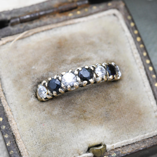 Vintage 9ct Gold Sapphire Half Eternity Ring 1981 with Clear Stones - Seven Stone Gemstone Half Hoop | UK Size - M 1/2 | US Size - 6 3/4