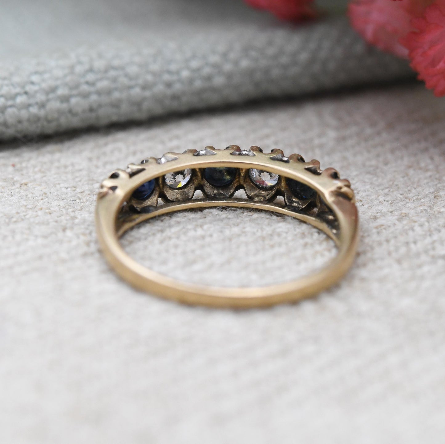 Vintage 9ct Gold Sapphire Half Eternity Ring 1981 with Clear Stones - Seven Stone Gemstone Half Hoop | UK Size - M 1/2 | US Size - 6 3/4