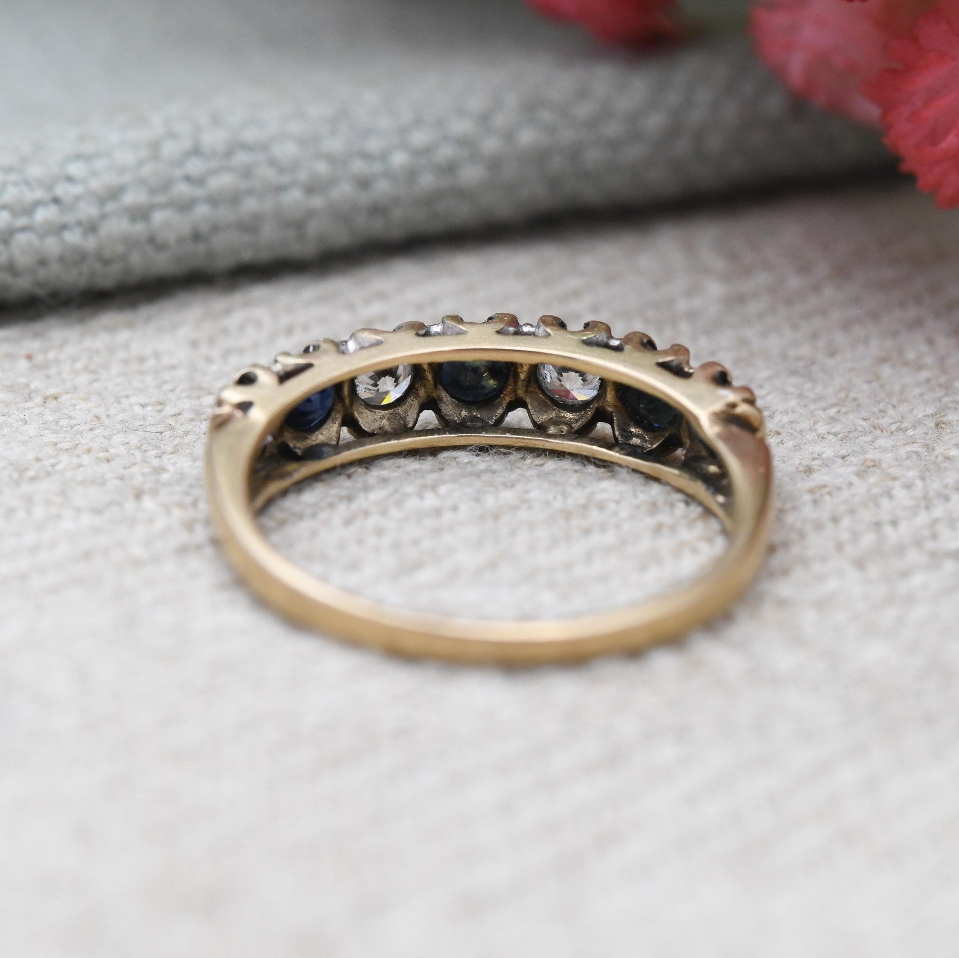 Vintage 9ct Gold Sapphire Half Eternity Ring 1981 with Clear Stones - Seven Stone Gemstone Half Hoop | UK Size - M 1/2 | US Size - 6 3/4