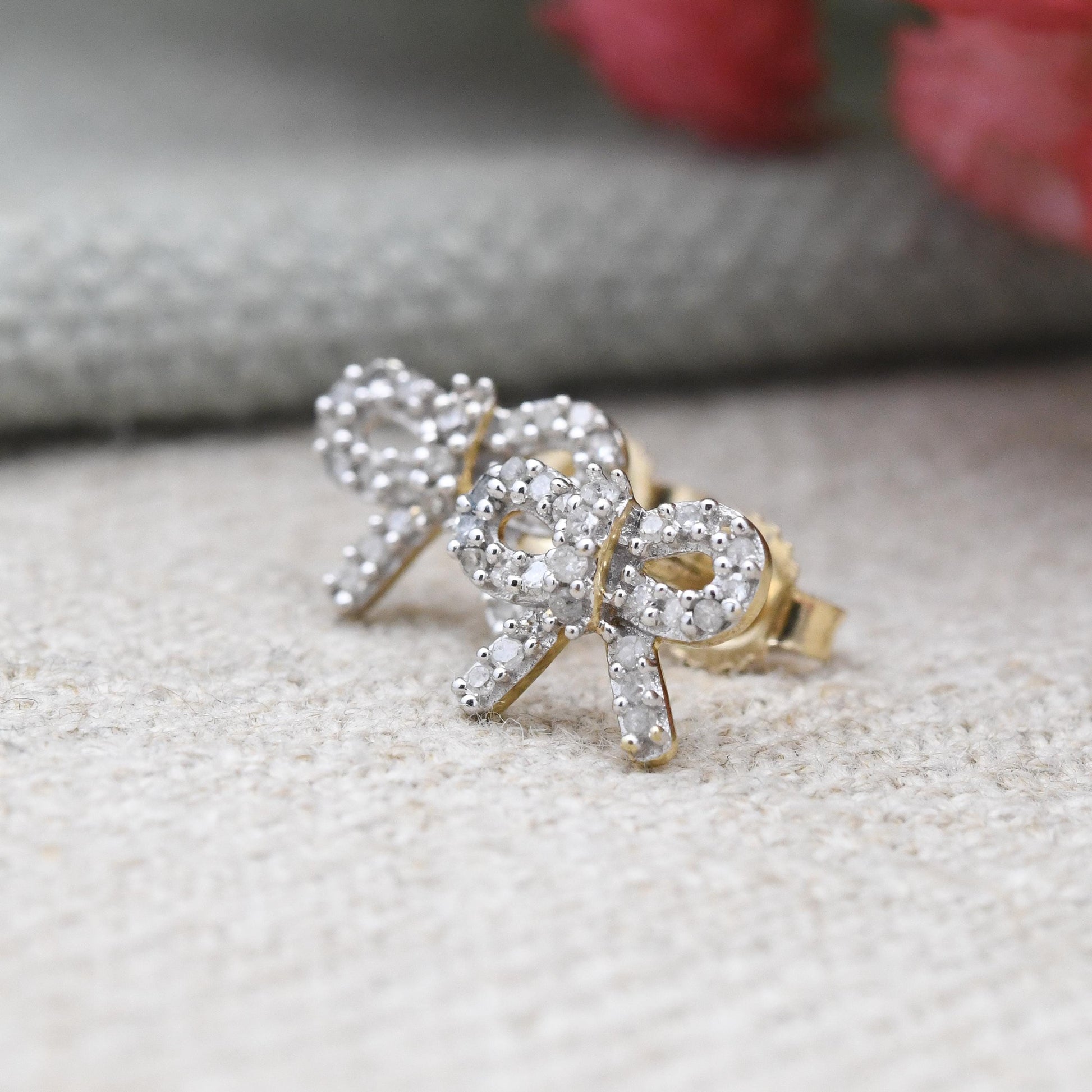 10ct Gold Diamond Bow Earrings TGGC - Sparkly Clear Gemstones | Gold Birthday Gift | Butterfly Backs | Everyday Dainty Stud Earrings