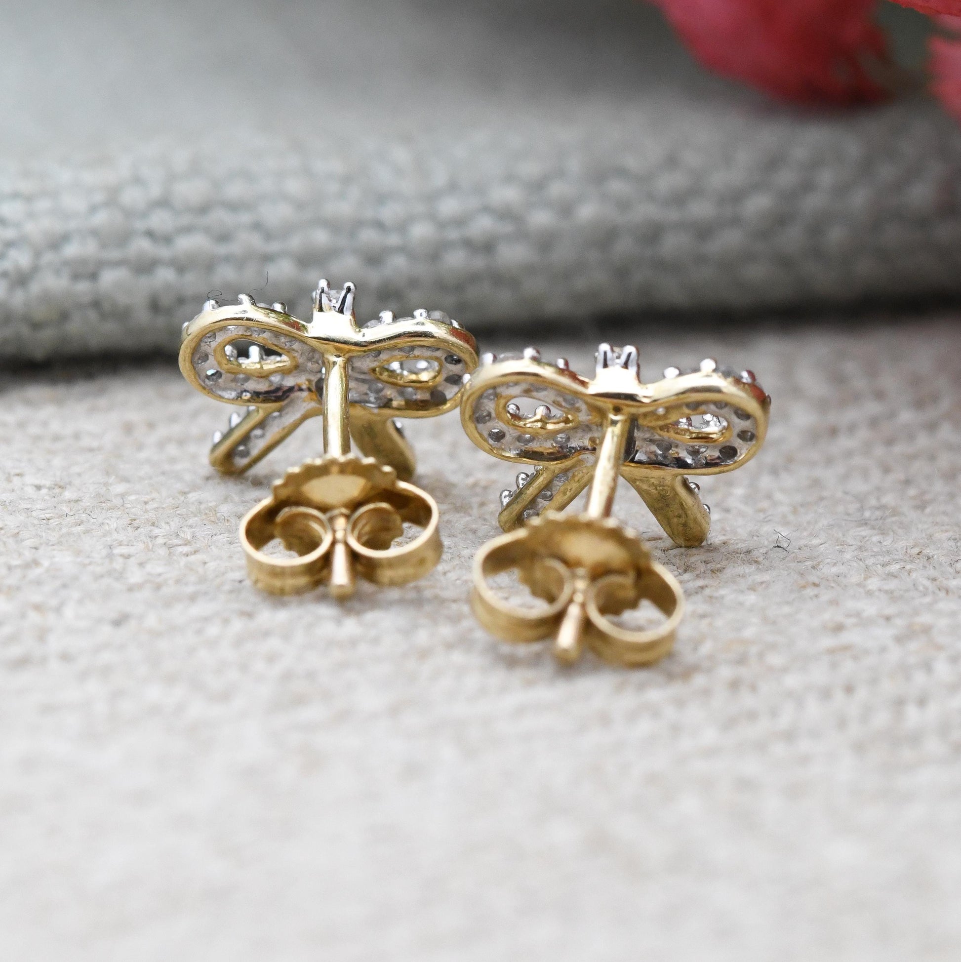 10ct Gold Diamond Bow Earrings TGGC - Sparkly Clear Gemstones | Gold Birthday Gift | Butterfly Backs | Everyday Dainty Stud Earrings
