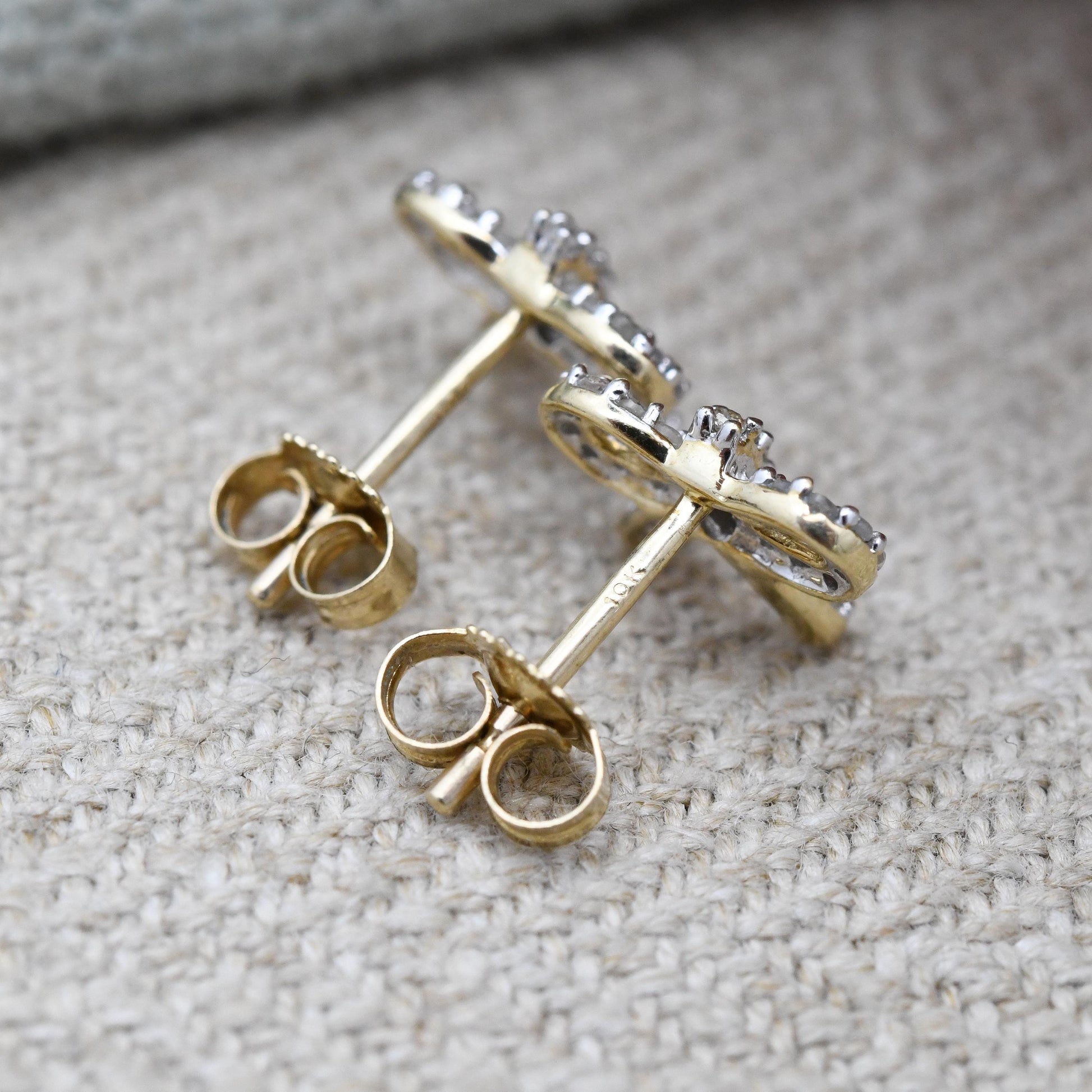 10ct Gold Diamond Bow Earrings TGGC - Sparkly Clear Gemstones | Gold Birthday Gift | Butterfly Backs | Everyday Dainty Stud Earrings