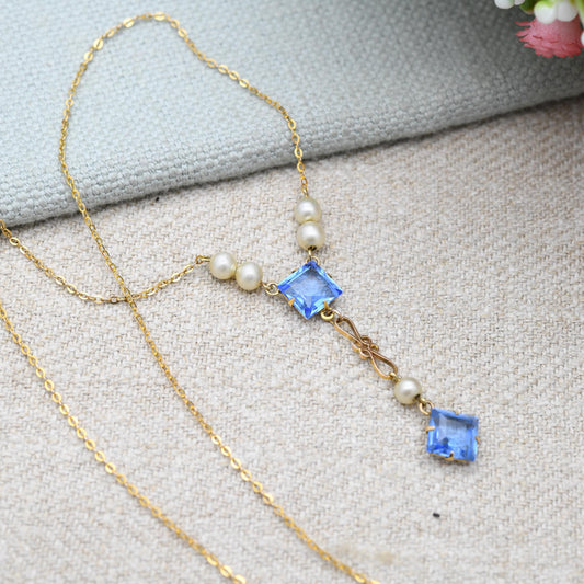 Antique Edwardian 9ct Gold Pendant Necklace with Blue Paste Stones and Faux Pearls - Integral Drop | Delicate Gold Jewellery Gift | c. 1910s