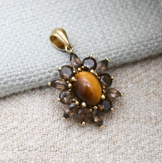 Vintage 9ct Gold Tiger's Eye and Smoky Quartz Pendant - Gemstone Cluster Ornate | Star Pendant