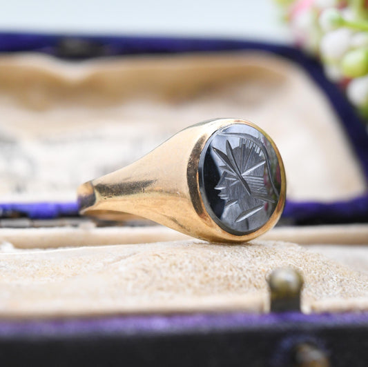 Vintage 9ct Gold Hematite Intaglio Signet Ring - Carved Gladiator Soldier | Roman Intaglio | UK Size - Y 1/2 | US Size - 12 1/2