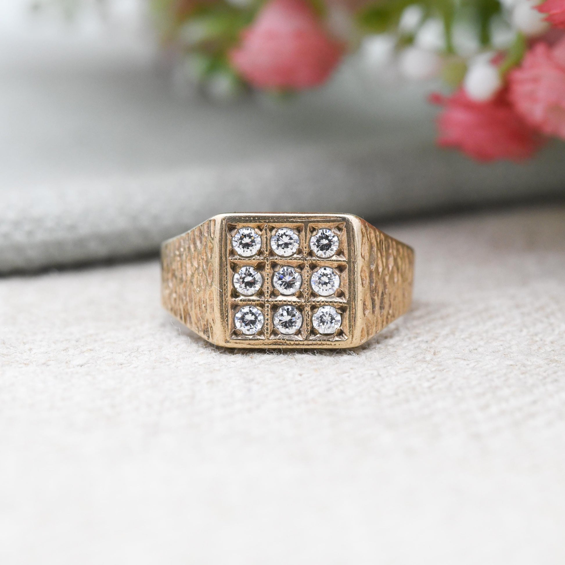 Vintage 9ct Gold CZ Signet Ring - 3 Rows | White Stone | Unisex Solid Yellow Gold Jewellery Gift for Him | UK Size - L | US Size - 5 3/4